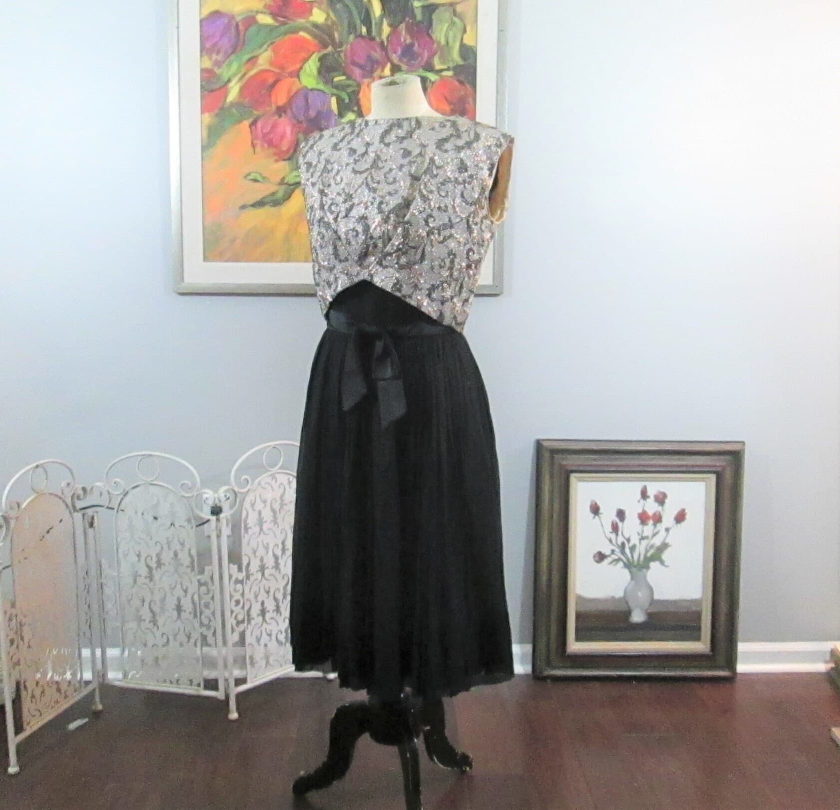 Vintage 1950's Silk Chiffon Black Cocktail Dress with Gold Reverse Jacket