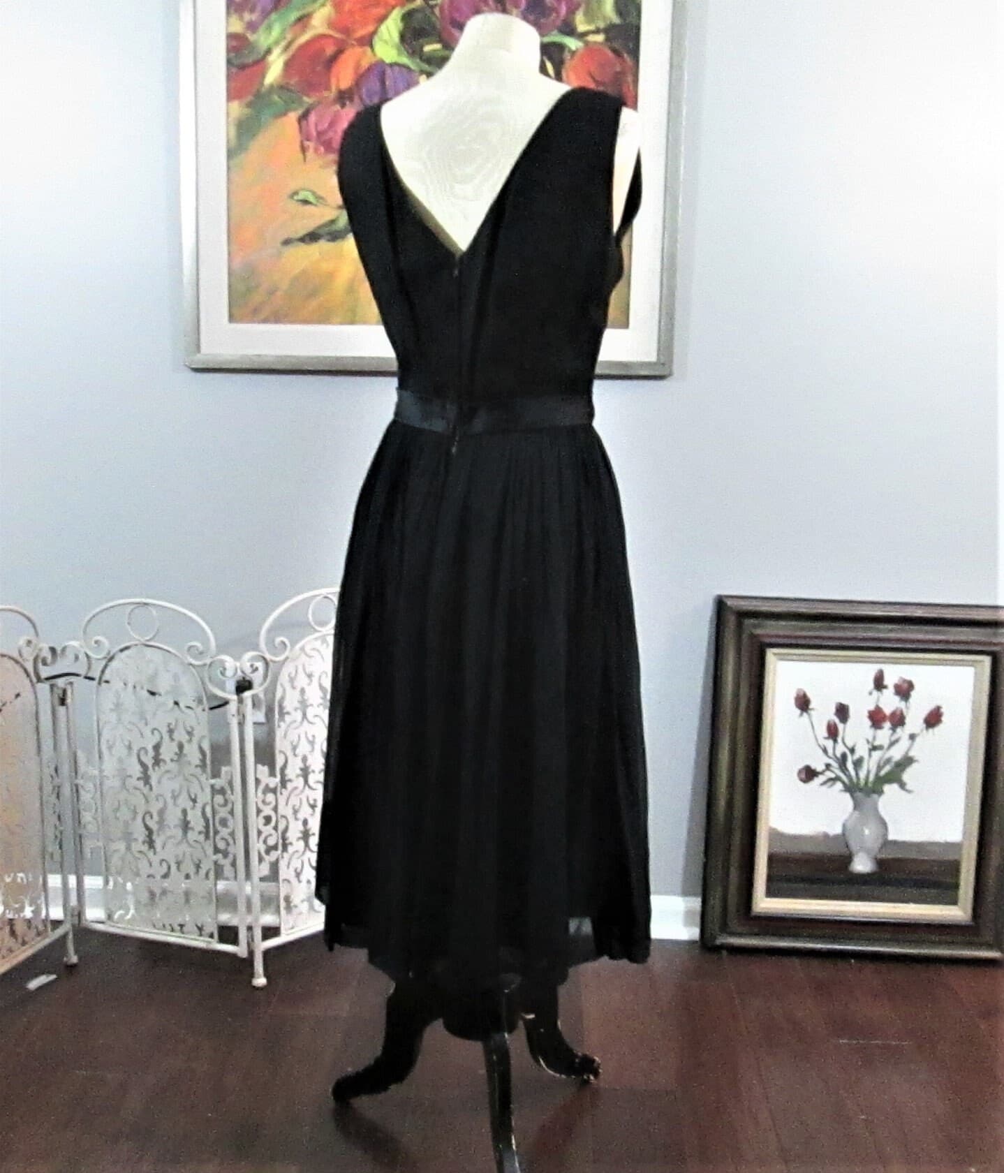 Vintage 1950's Silk Chiffon Black Cocktail Dress with Gold Reverse Jacket - Thumbnail 3