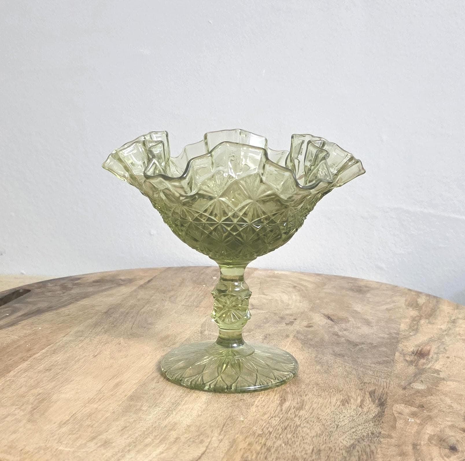 Green Cut Depression Glass Footed Ruffled Glass Bowl