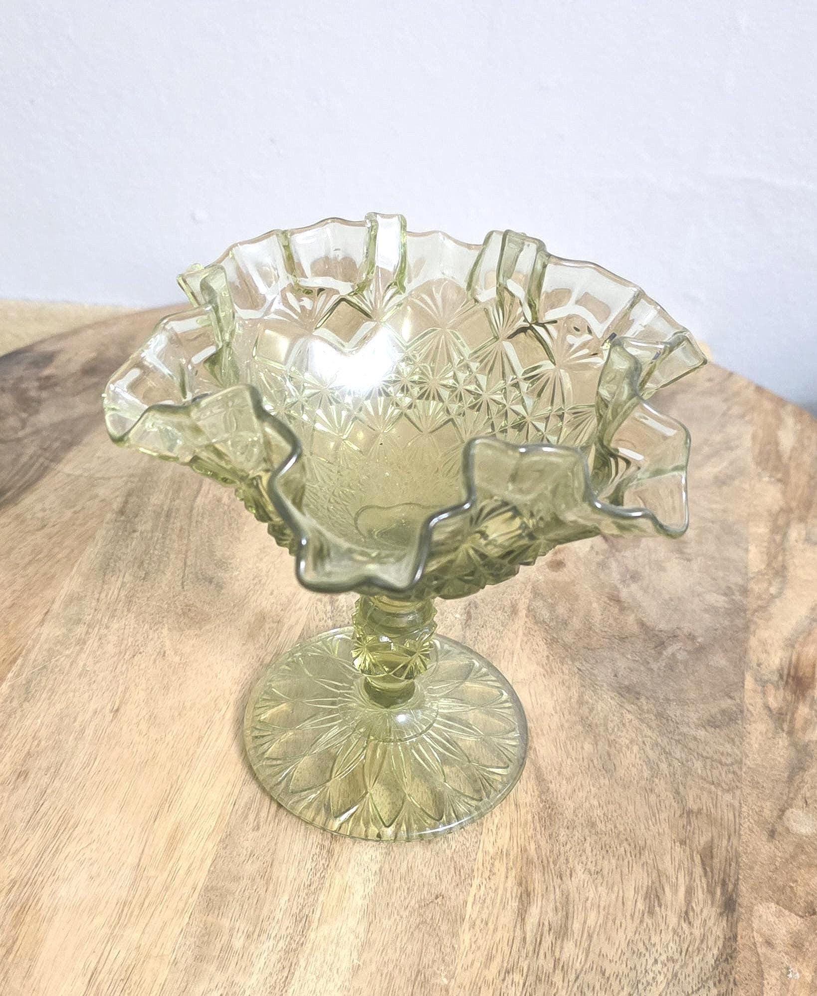 Green Cut Depression Glass Footed Ruffled Glass Bowl - Thumbnail 2