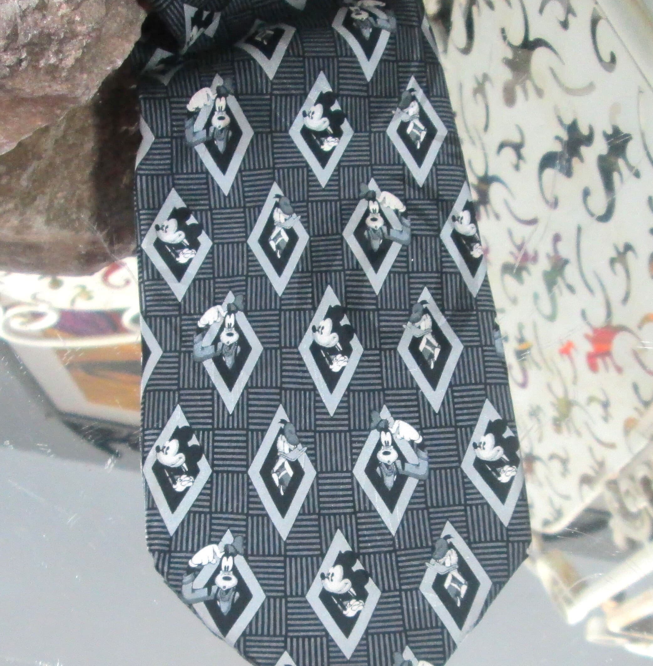 Vintage Disney Mickey Mouse, Donald Duck, and Pluto Black & Silver Silk Tie - Thumbnail 2