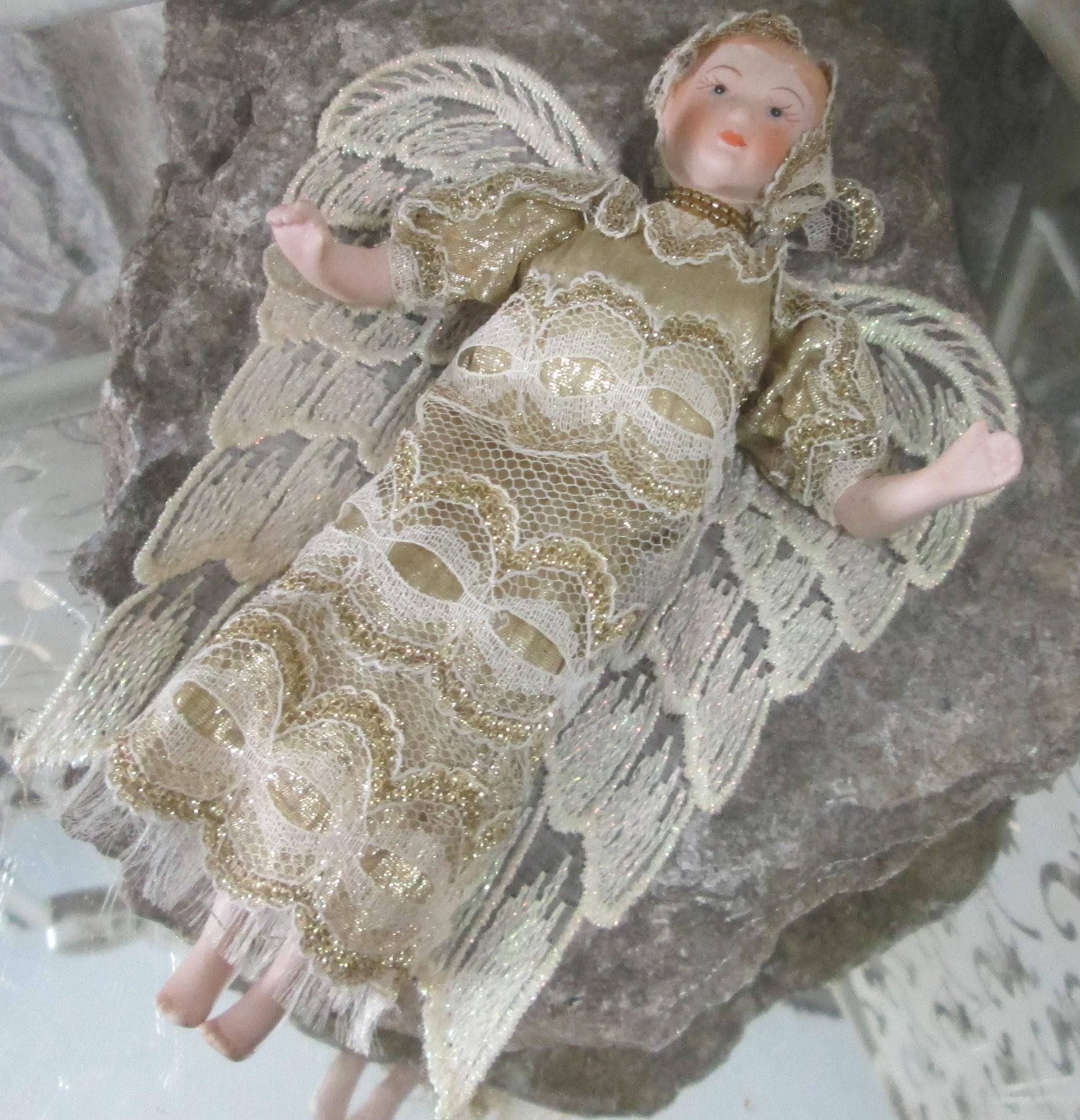 Vintage Porcelain Doll Fairy in Gold Lace - Thumbnail 2