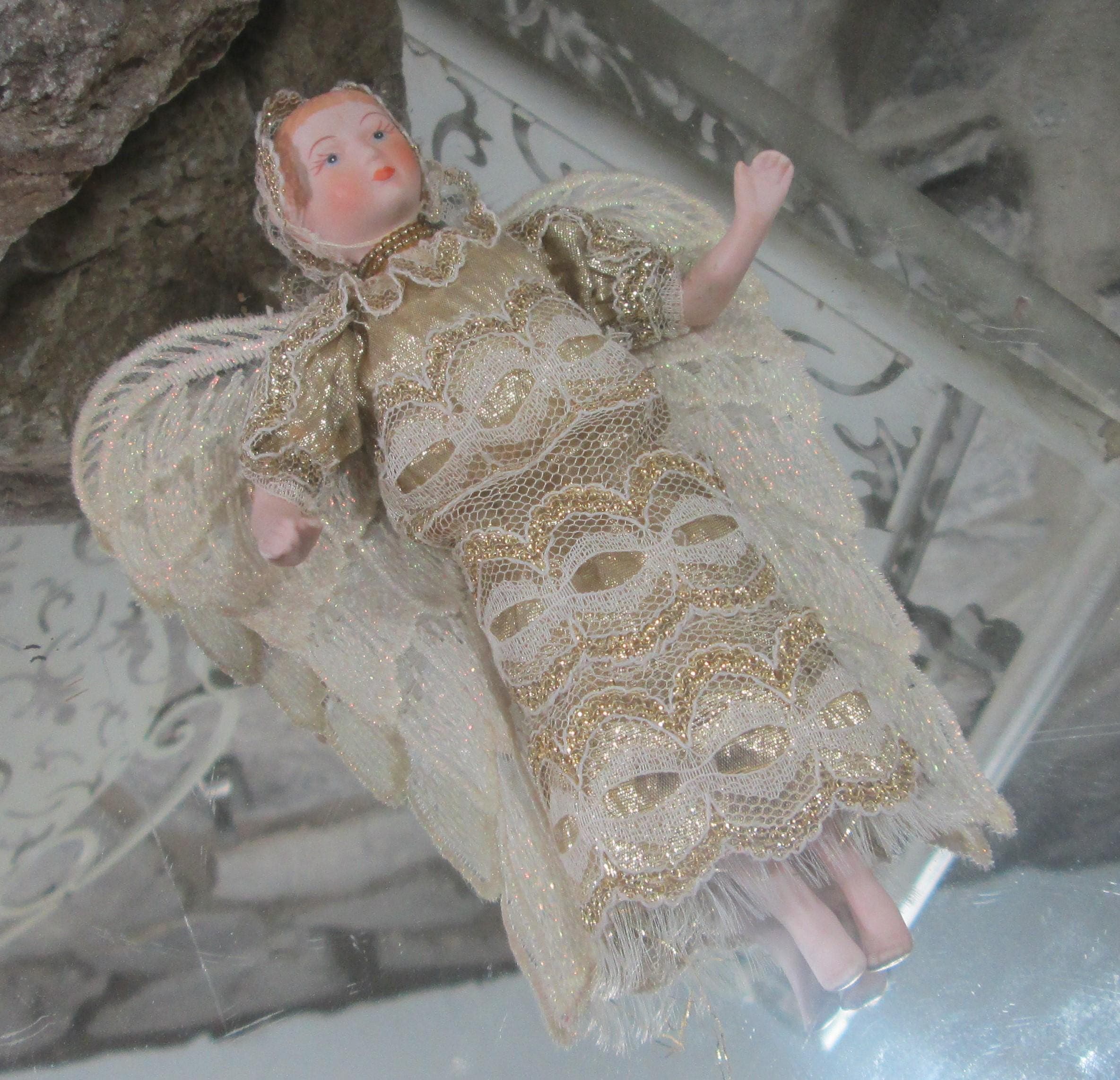 Vintage Porcelain Doll Fairy in Gold Lace
