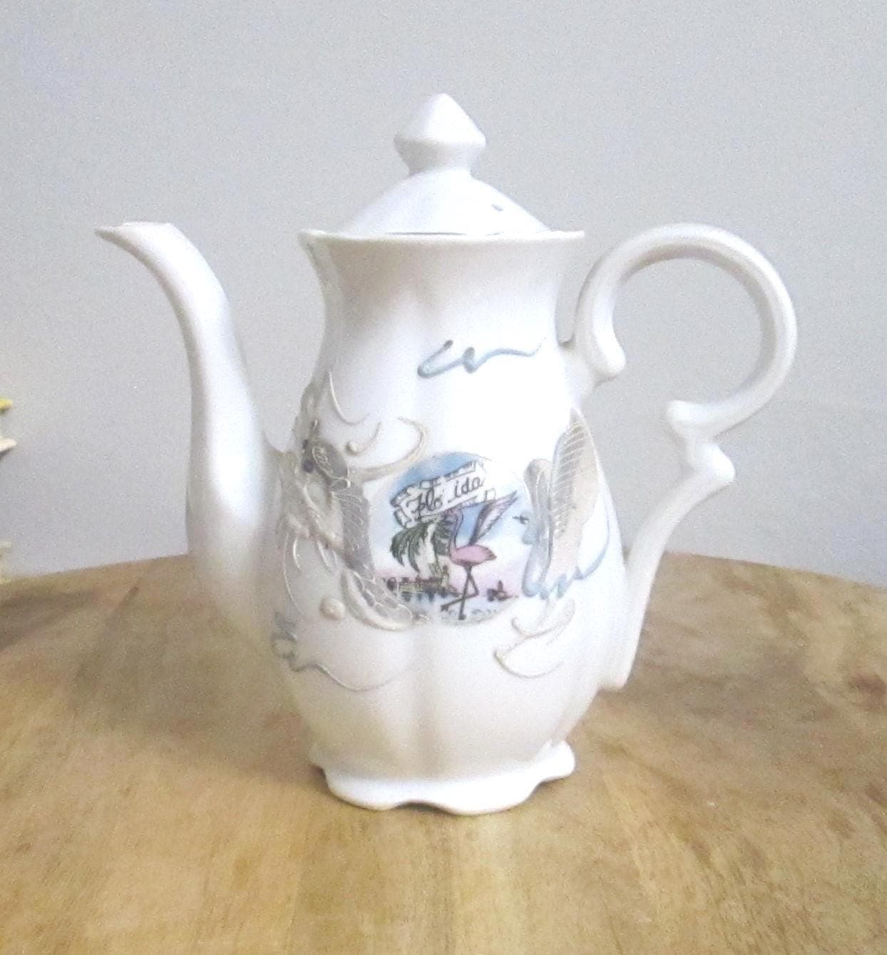 Vintage White Dragon Ware Porcelain Tea Pot, Florida Souvenir
