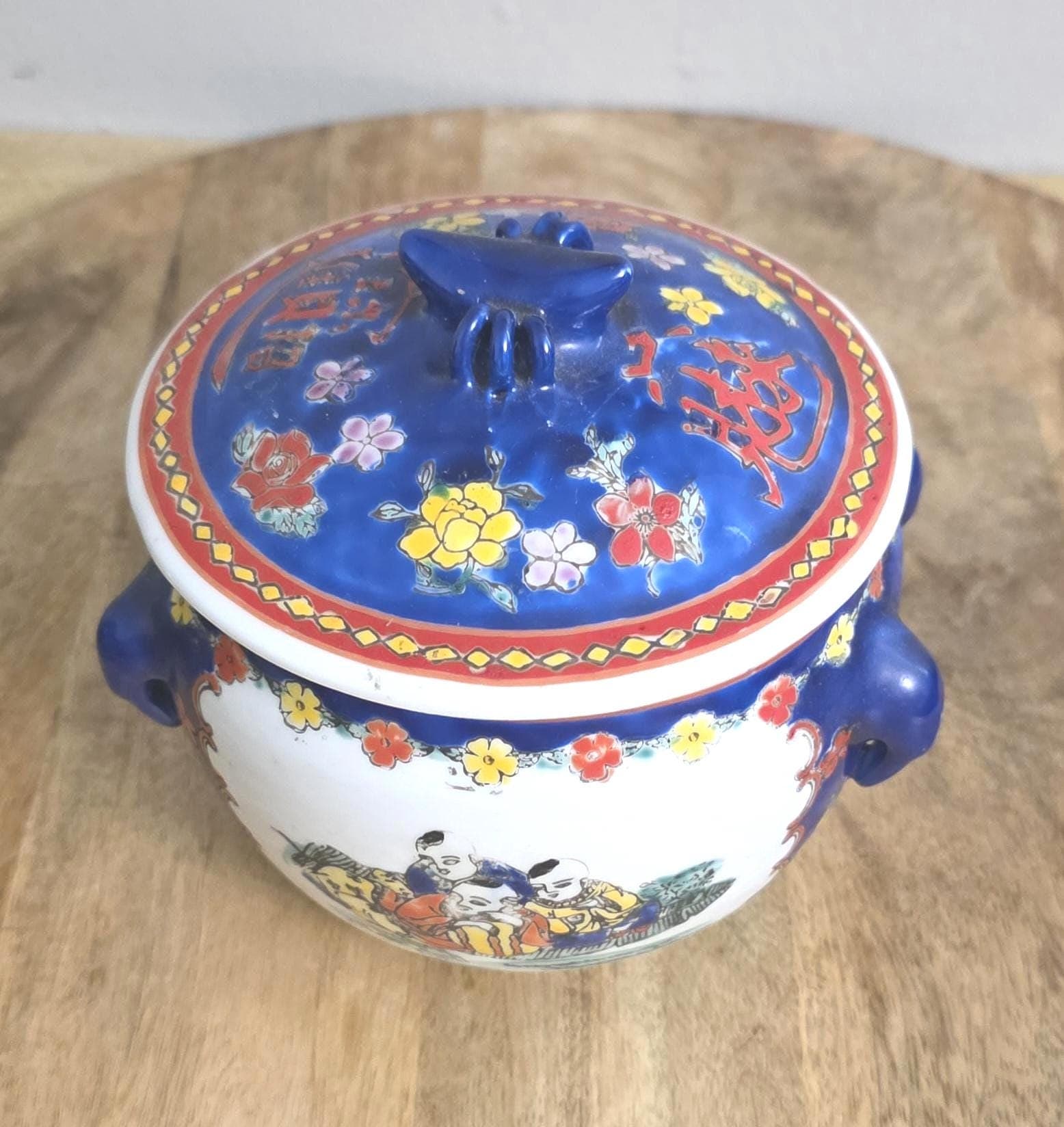 Vintage Chinese Enamel Oriental Porcelain Cooking Pot - Thumbnail 5