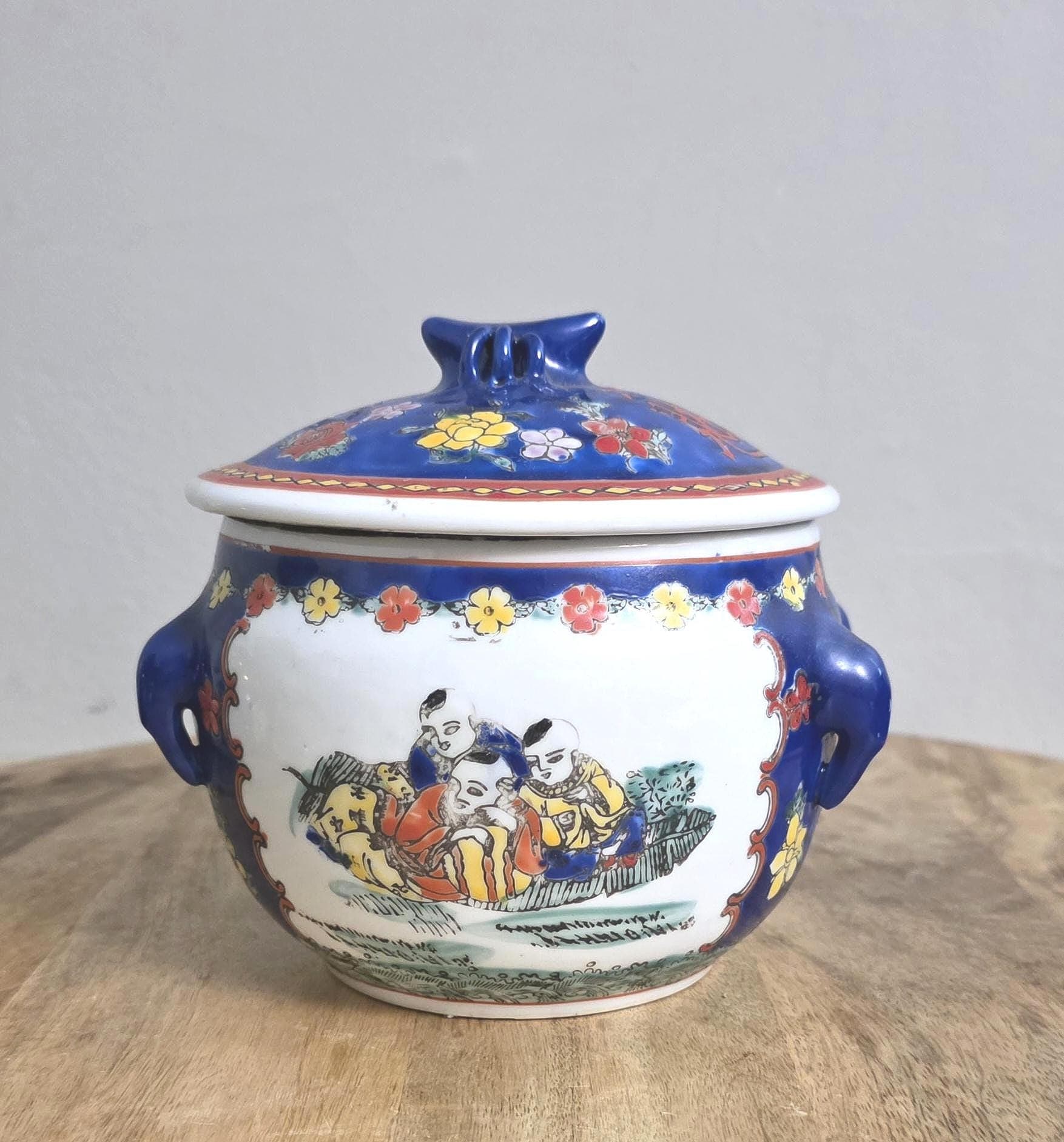 Vintage Chinese Enamel Oriental Porcelain Cooking Pot