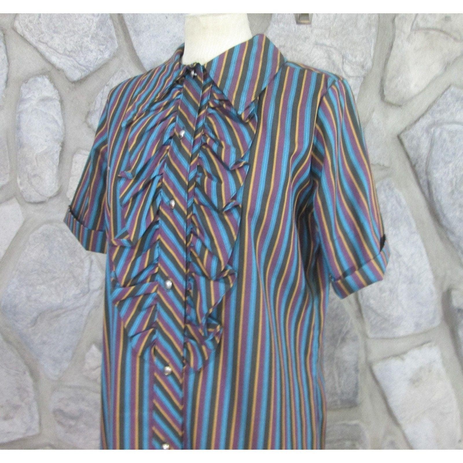 Vintage Striped Ruffled Shirt Dress Secretary Dress - Thumbnail 3
