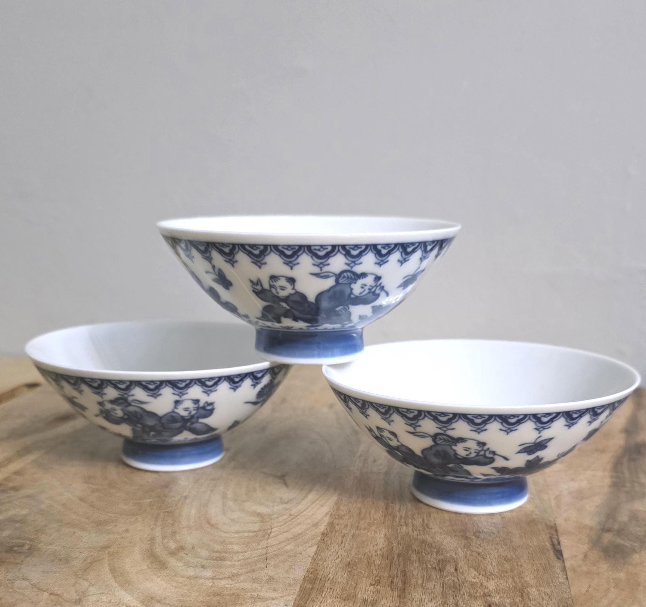 Vintage Blue and White Chinese Boys Rice Bowls