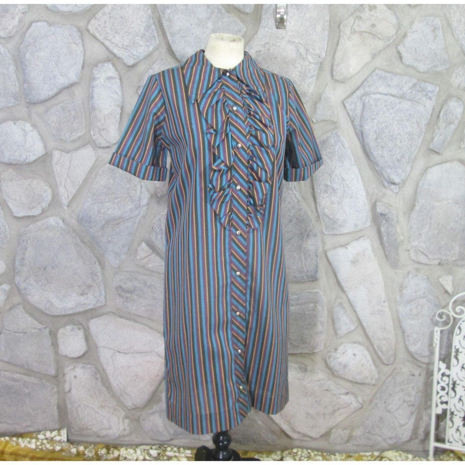 Vintage Striped Ruffled Shirt Dress Secretary Dress