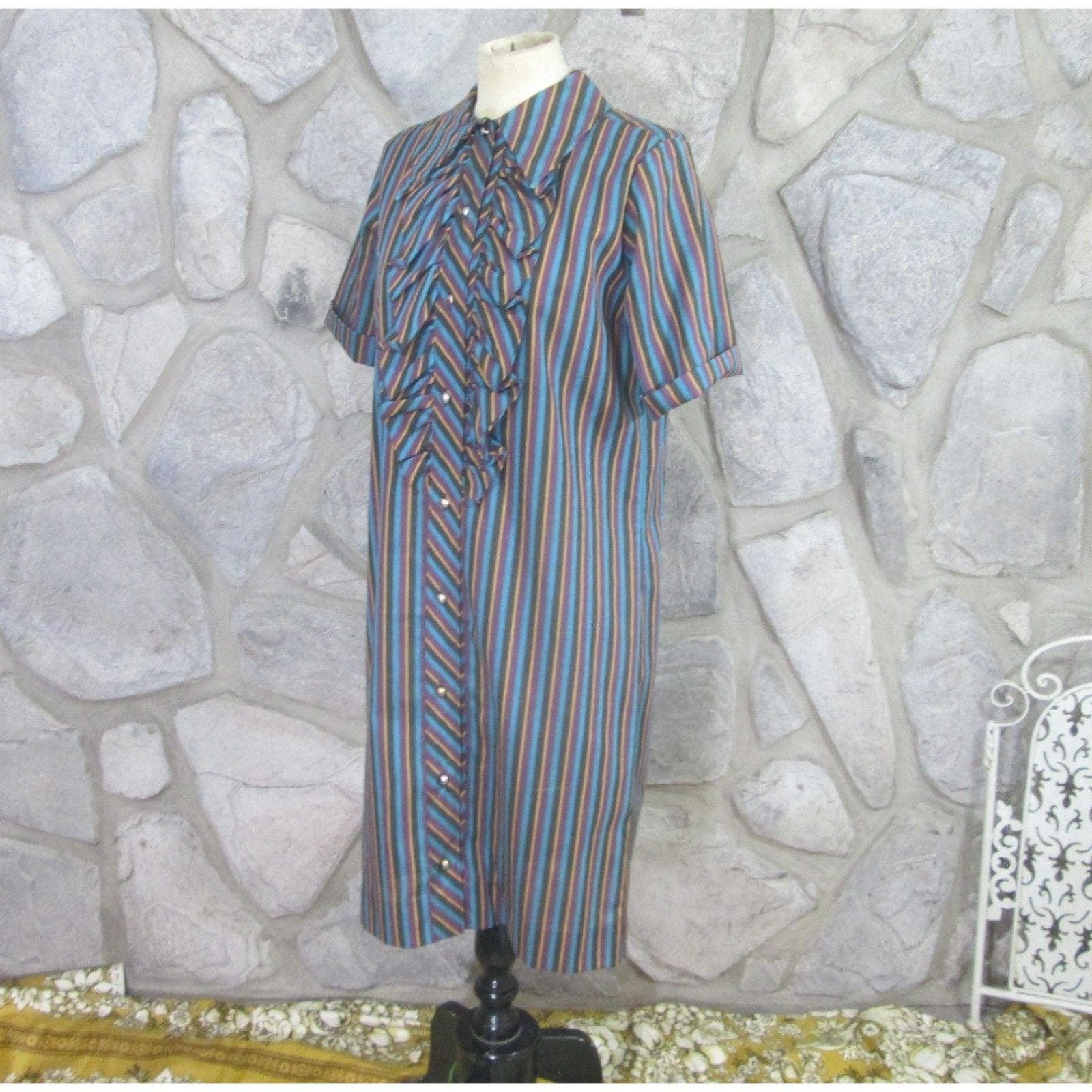 Vintage Striped Ruffled Shirt Dress Secretary Dress - Thumbnail 2