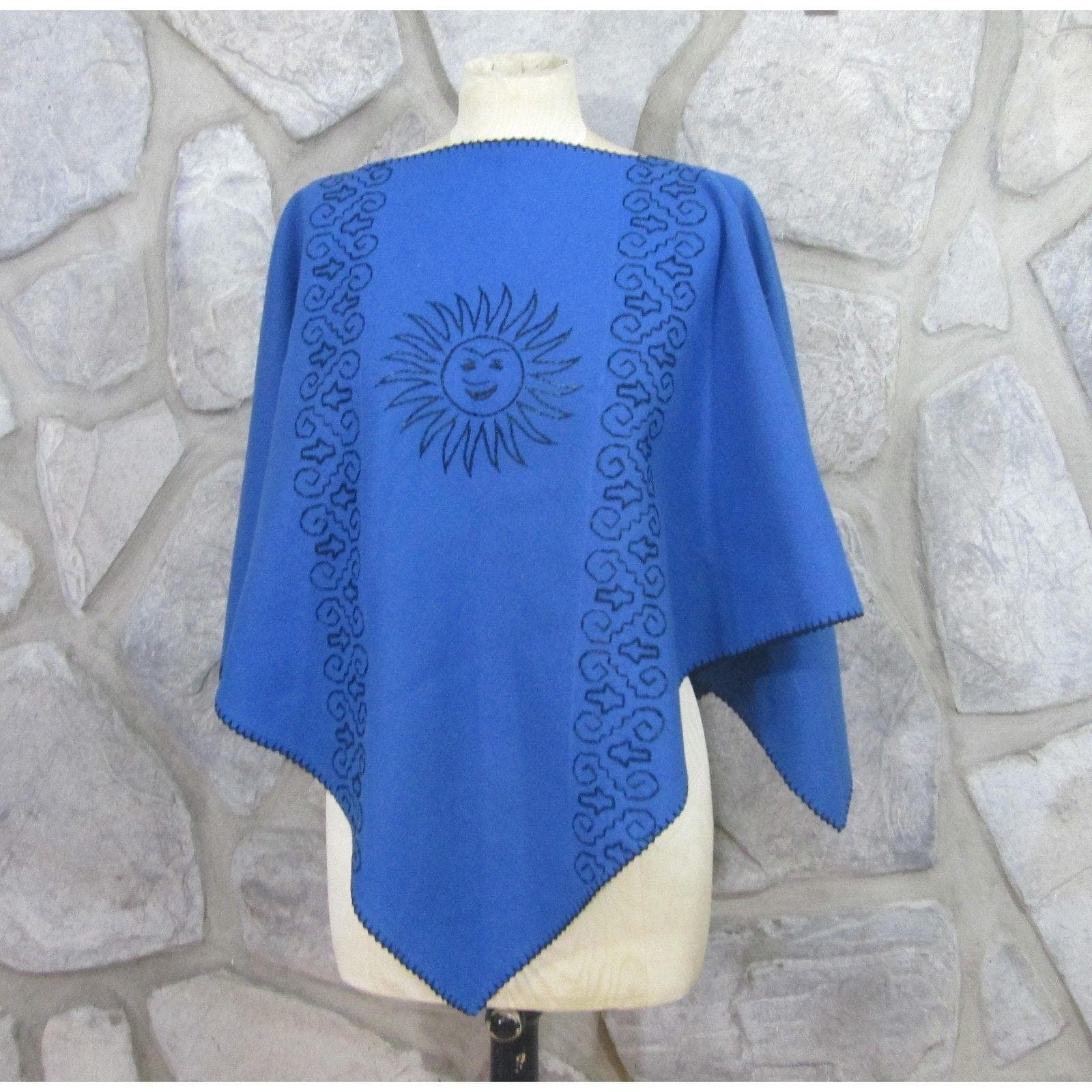 Vintage Blue Felted Wool Sun Design Poncho - Thumbnail 2