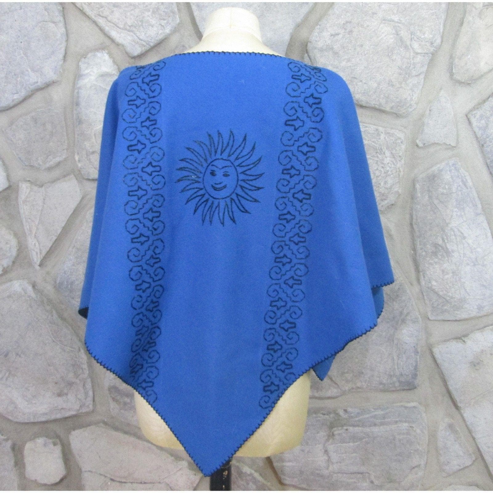 Vintage Blue Felted Wool Sun Design Poncho