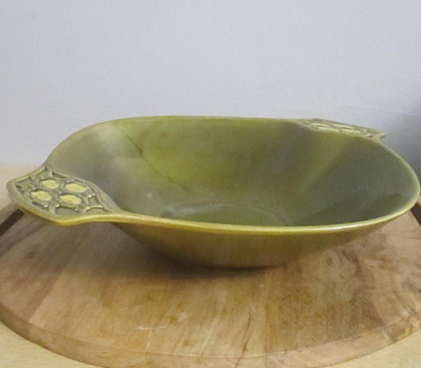 Vintage California Pottery Green Ceramic Mod Design Lugged Bowl - Thumbnail 2