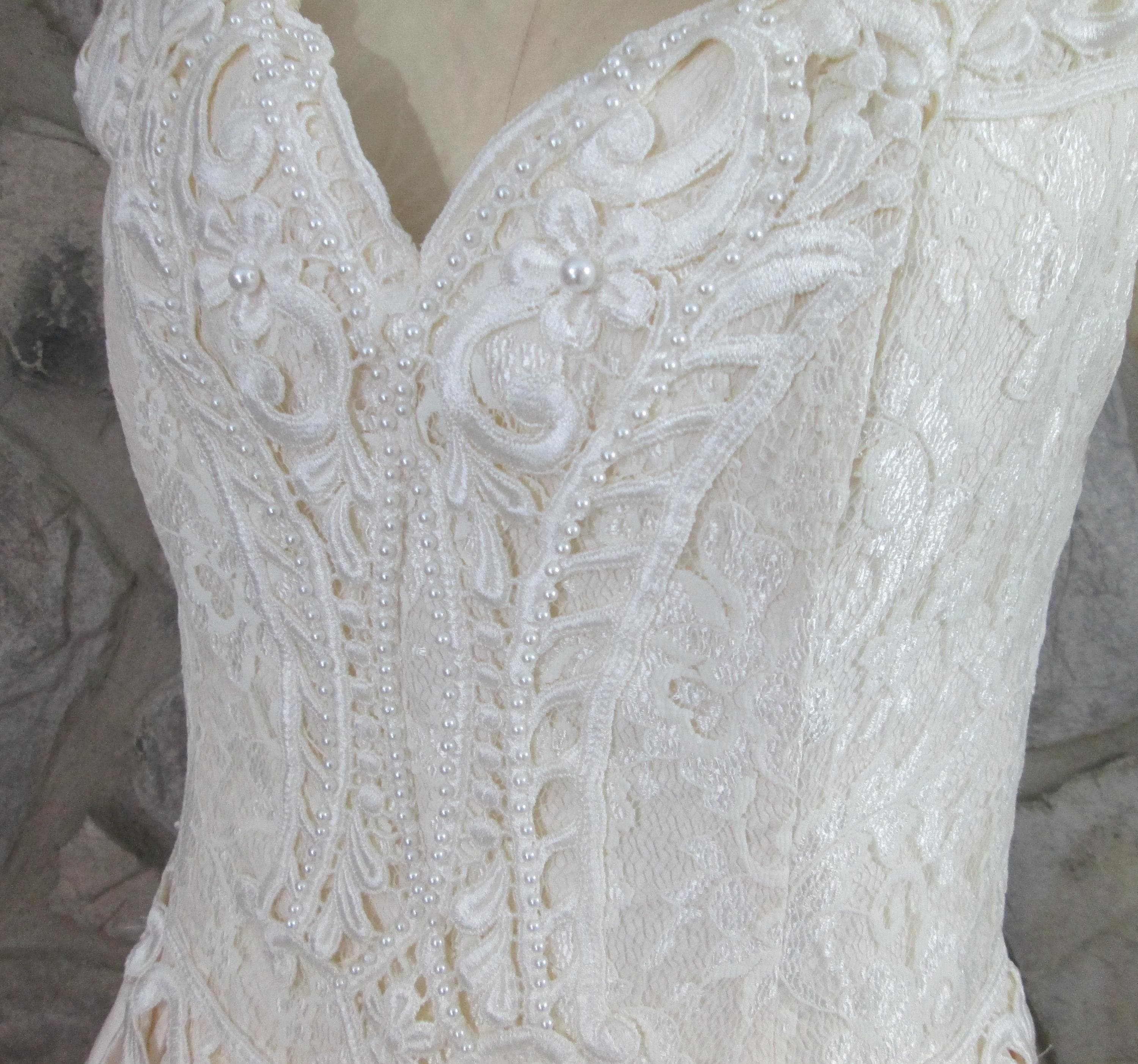Vintage Jessica McClintock Lace Bodice Cream Wedding Dress - Thumbnail 3