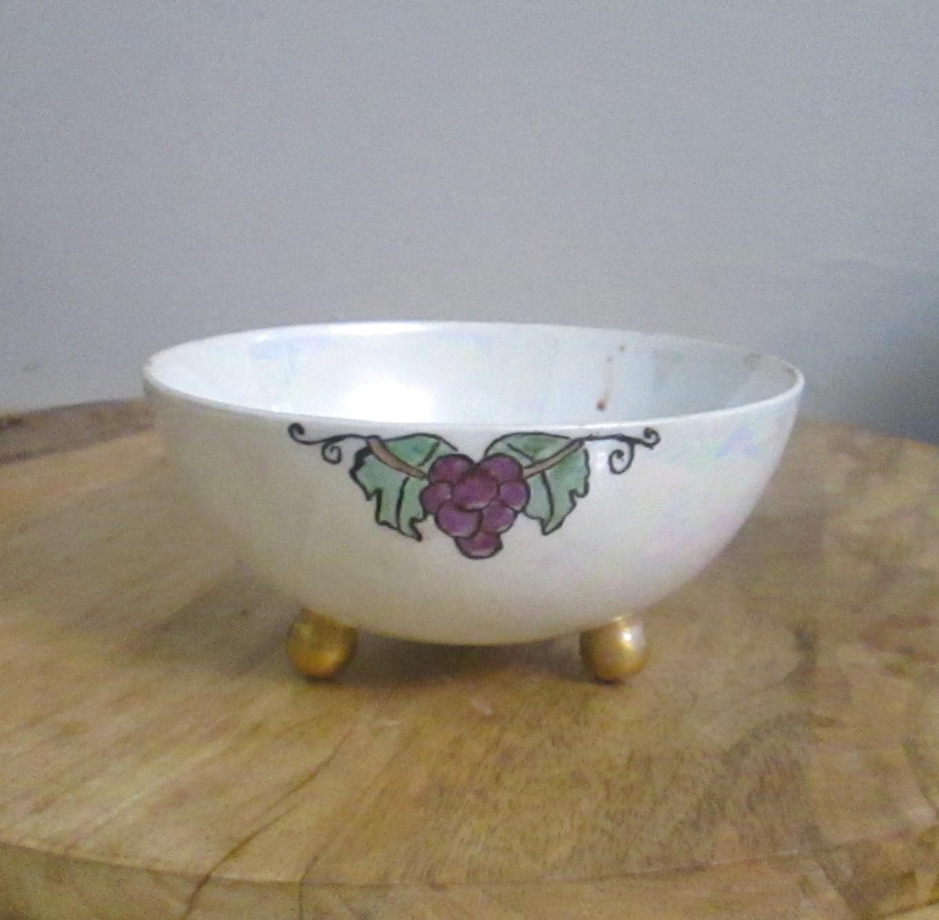 Vintage Japanese Porcelain White Iridescent Bowl with Grape Design