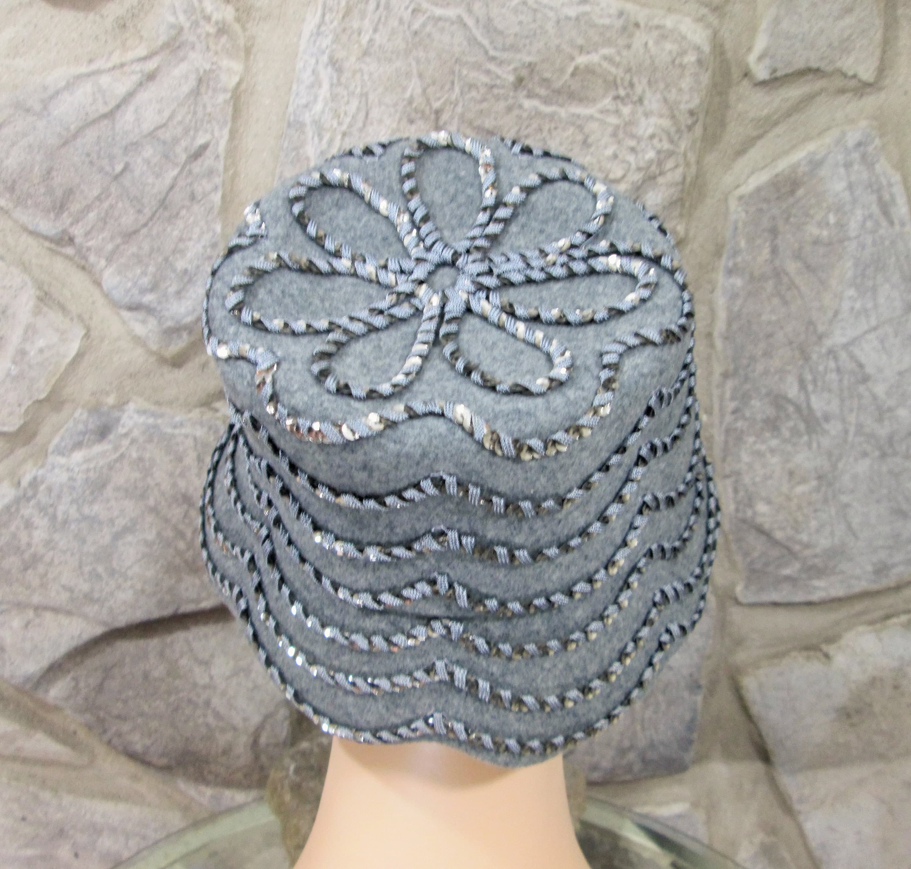 Vintage 60's Glenover Henry Pollak Gray Wool Hat w/Silver Sequins - Thumbnail 3