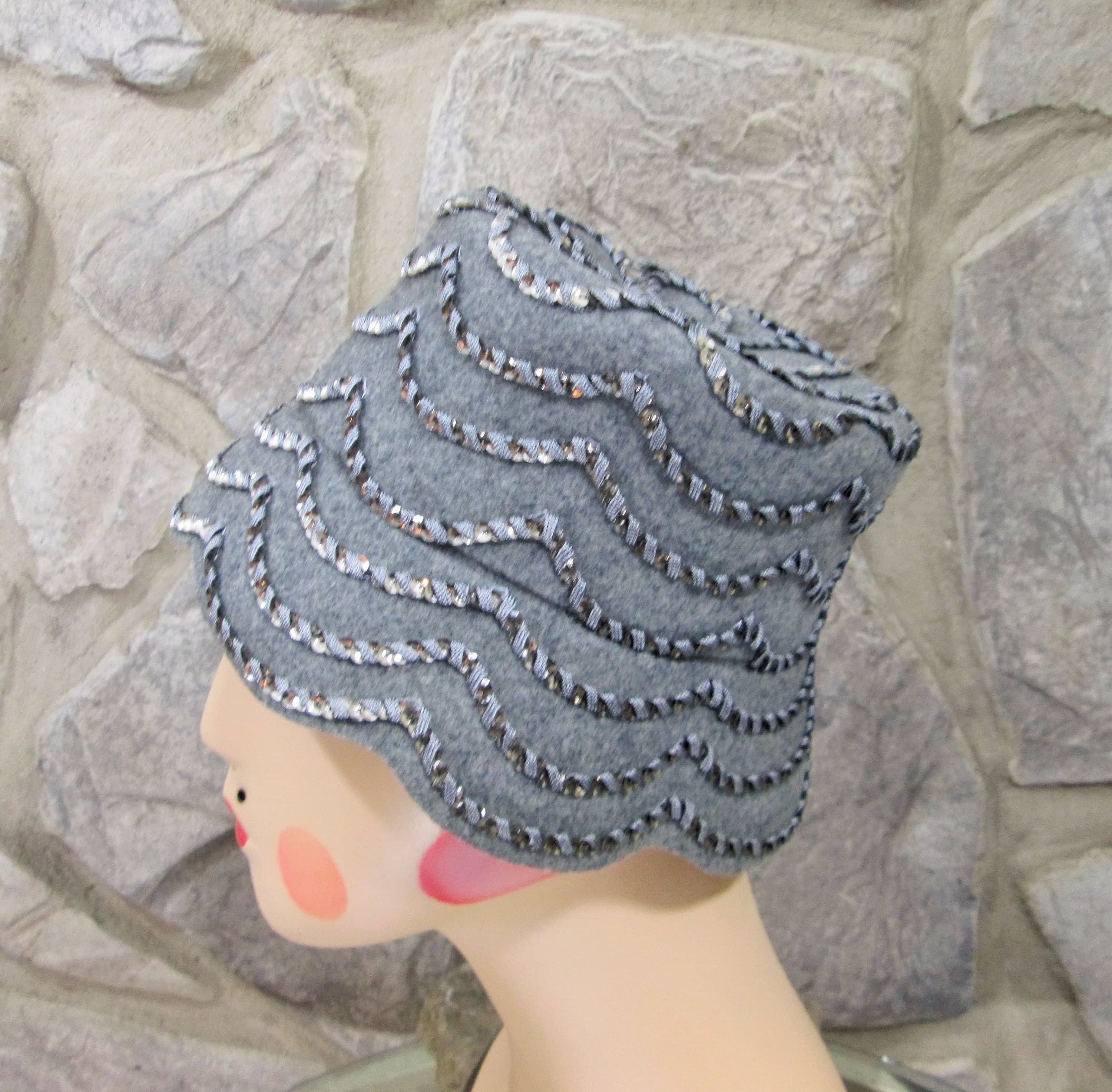 Vintage 60's Glenover Henry Pollak Gray Wool Hat w/Silver Sequins