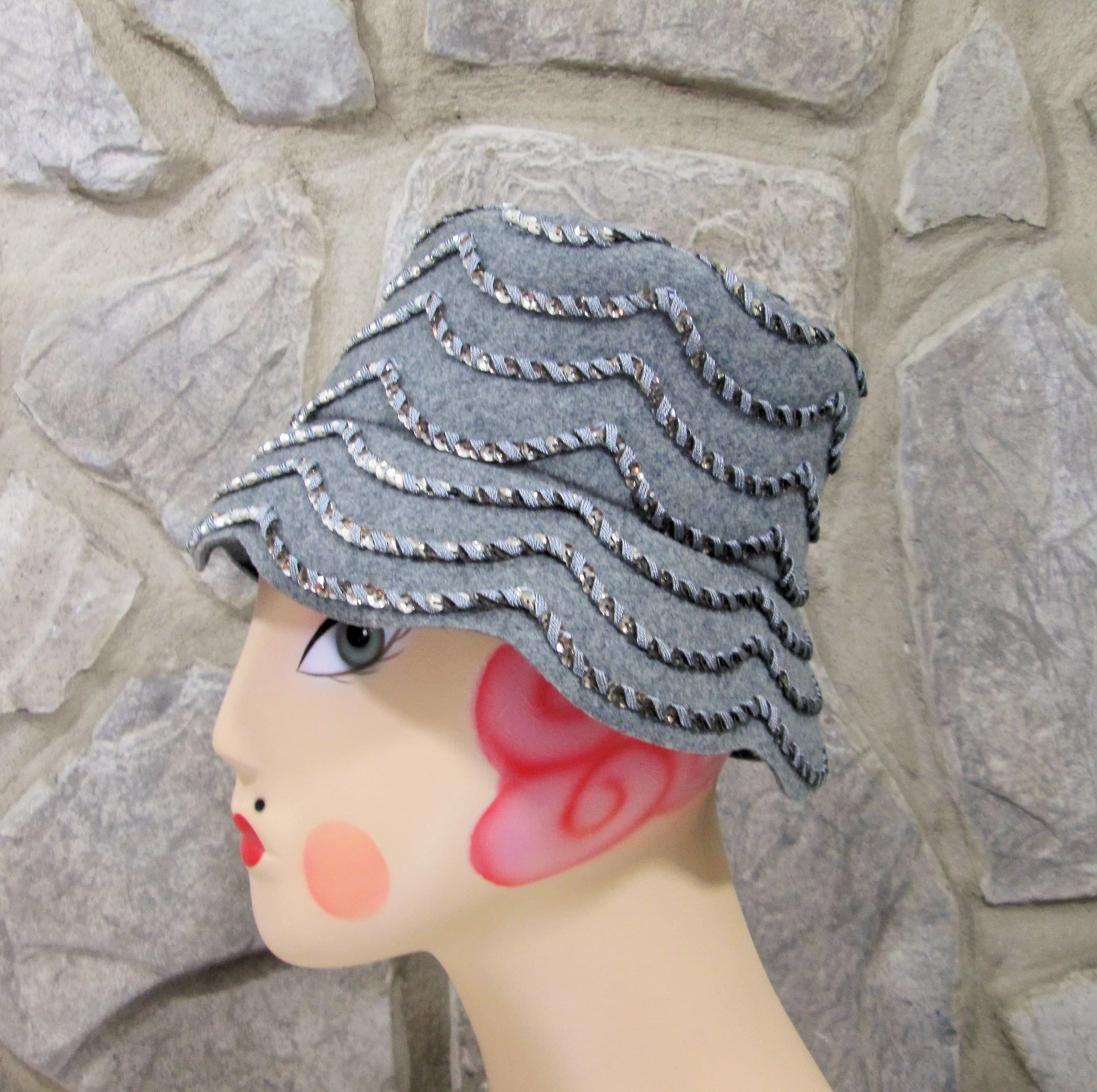 Vintage 60's Glenover Henry Pollak Gray Wool Hat w/Silver Sequins - Thumbnail 2