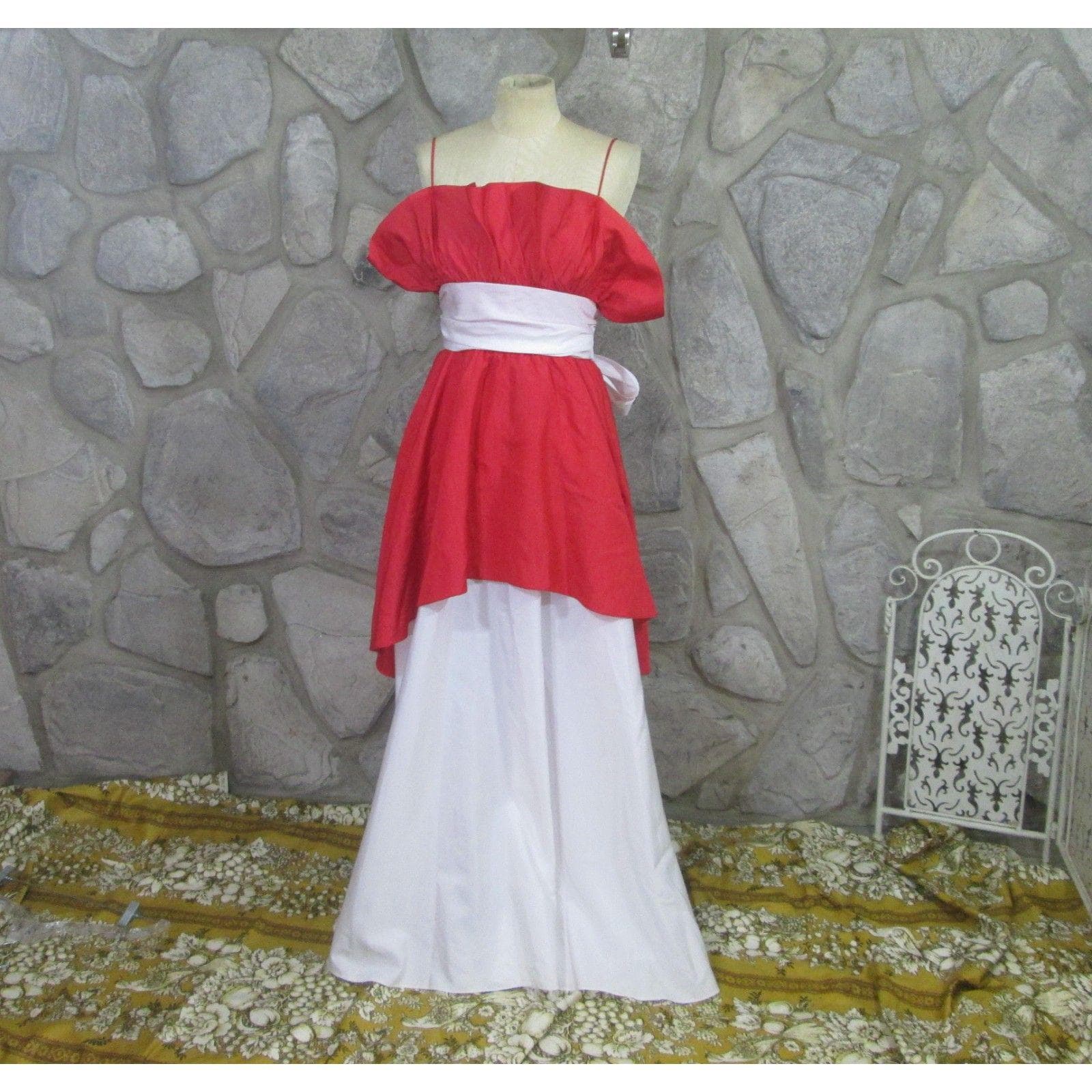 Vintage 1980's Red & White Formal Dress, XS