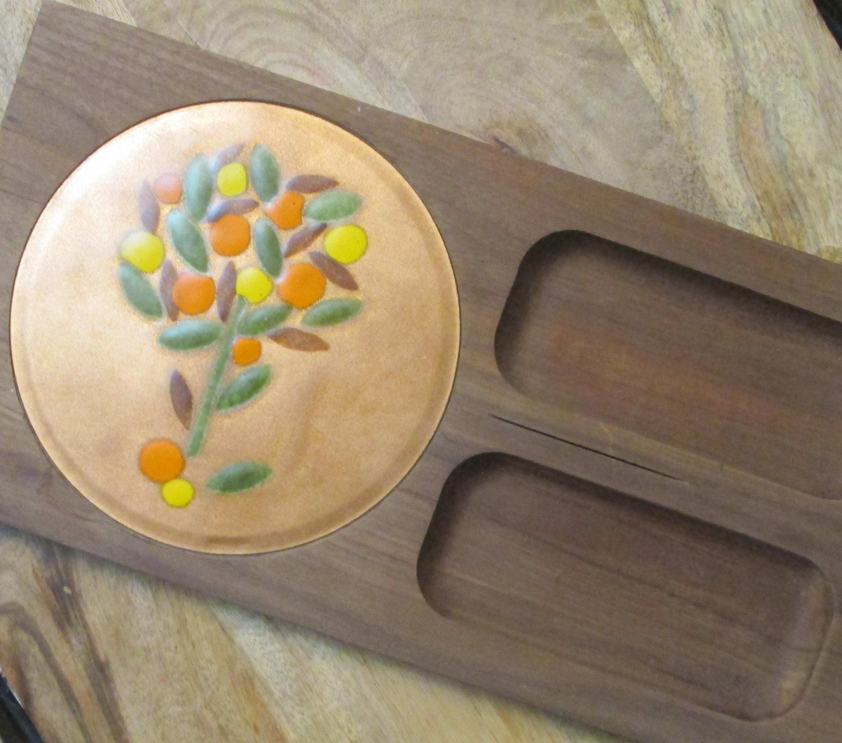 Vintage Walnut Cheese Server with Enamel Insert