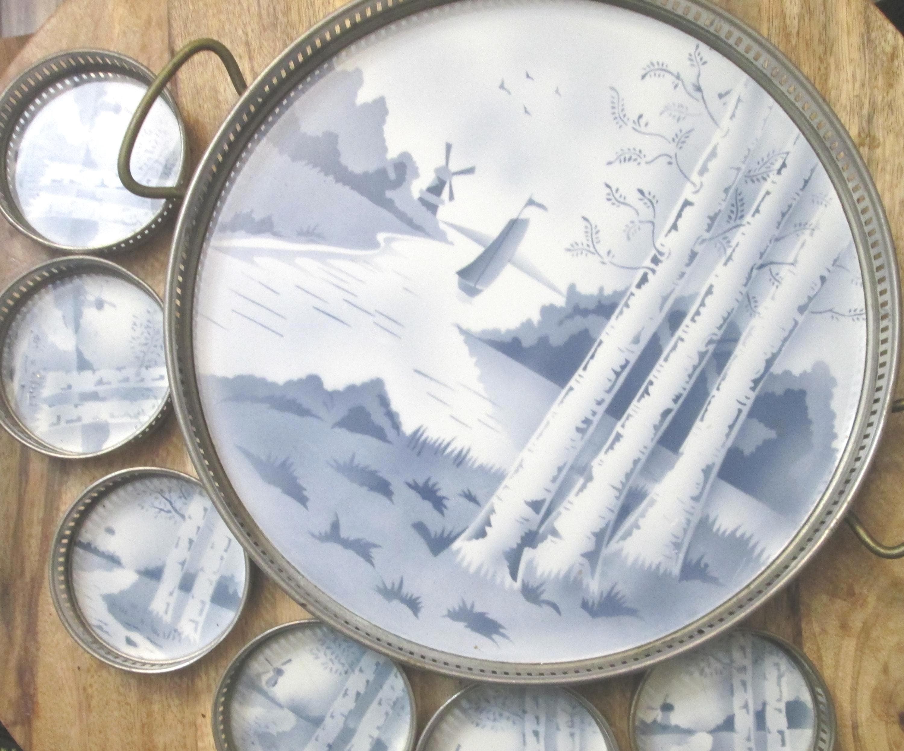Vintage German Blue and White Ceramic Serving Tray and Coasters