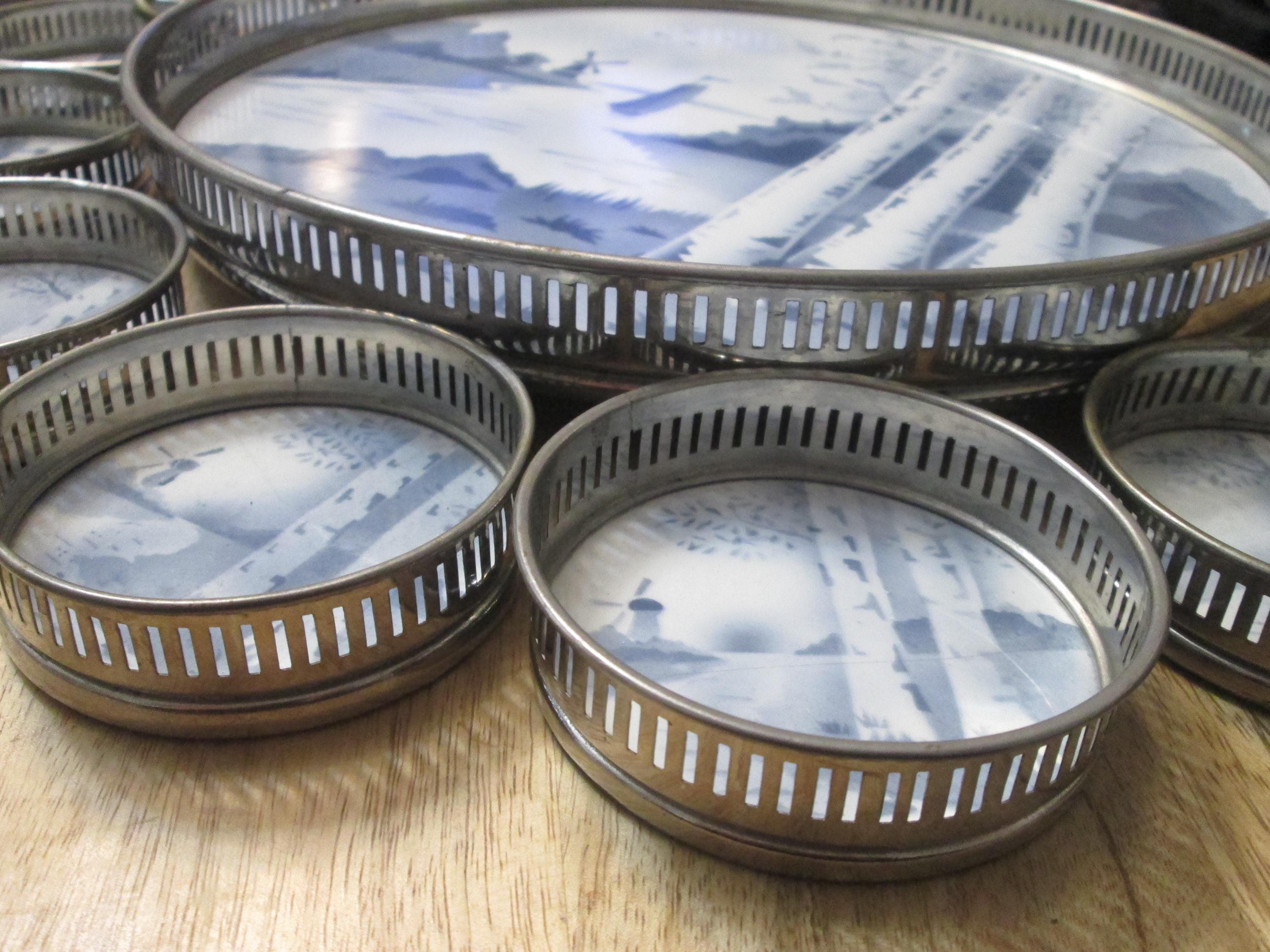 Vintage German Blue and White Ceramic Serving Tray and Coasters - Thumbnail 4