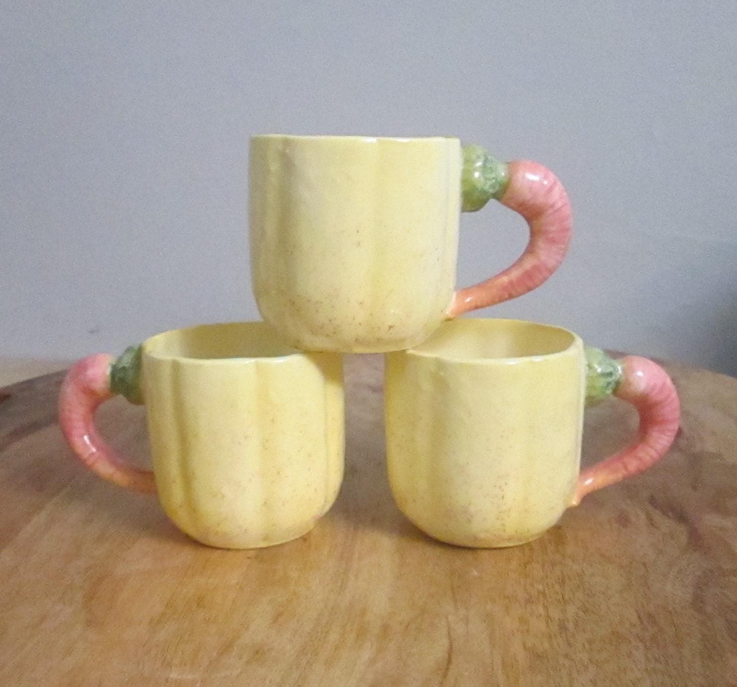 Vintage Fitz & Floyd Yellow Demitasse Cups with Carrot Handles, 1982