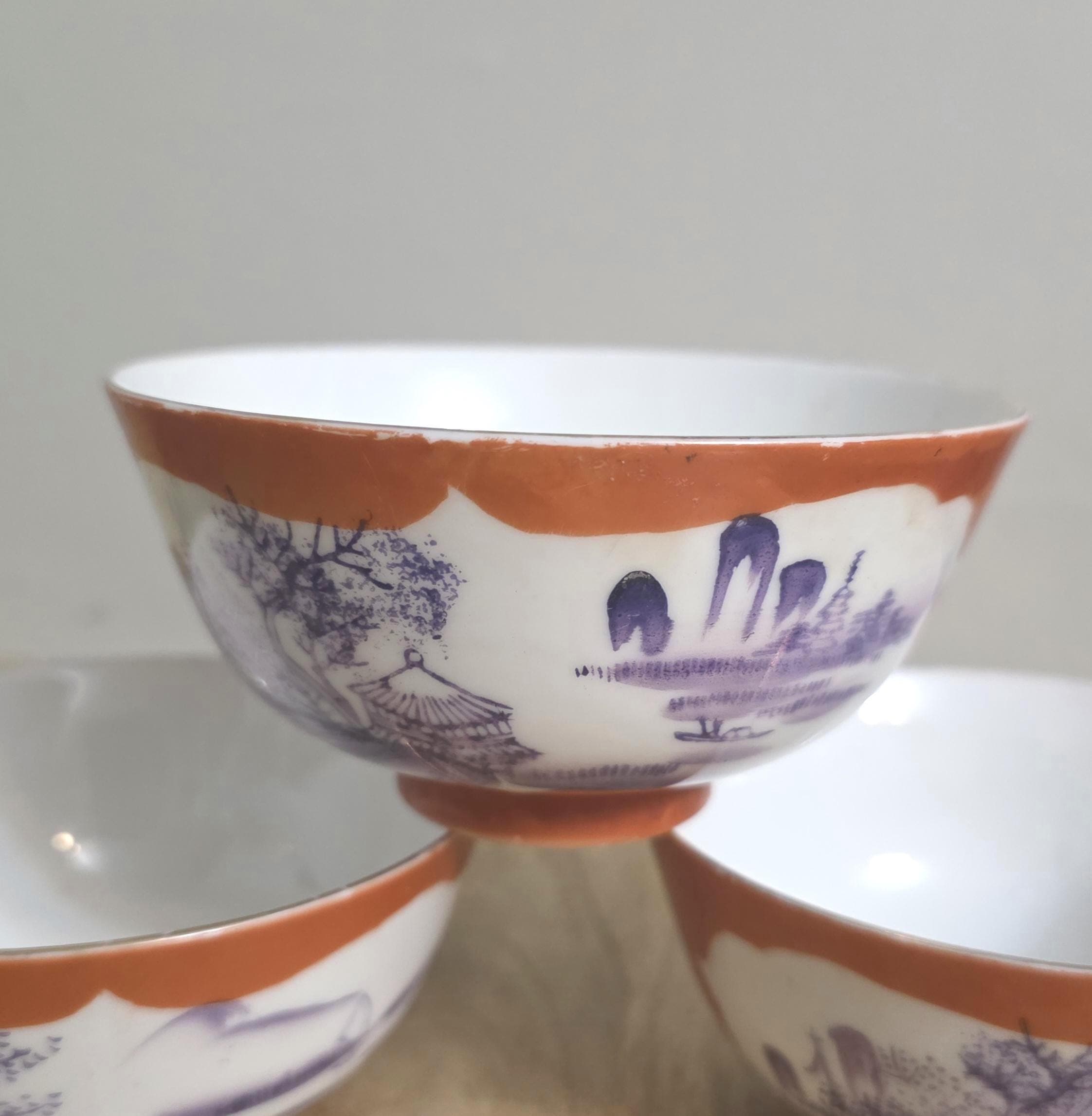 Japanese Porcelain Orange and Purple Luster Rice Bowls - Thumbnail 3