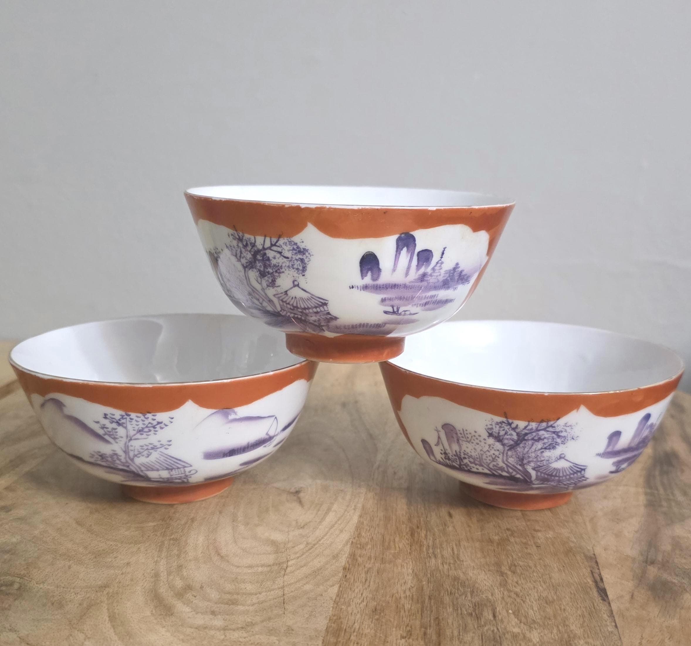 Japanese Porcelain Orange and Purple Luster Rice Bowls