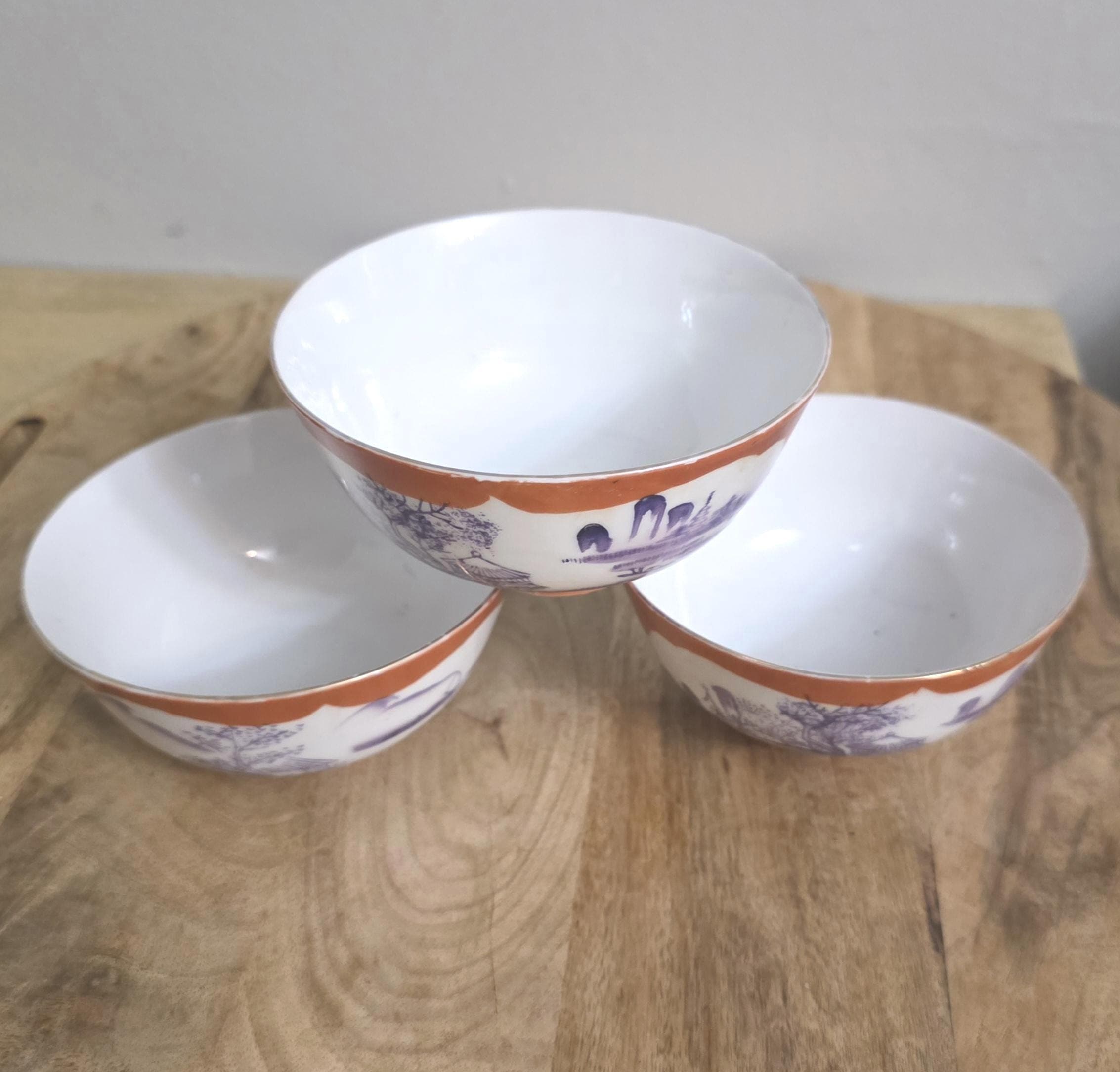 Japanese Porcelain Orange and Purple Luster Rice Bowls - Thumbnail 4