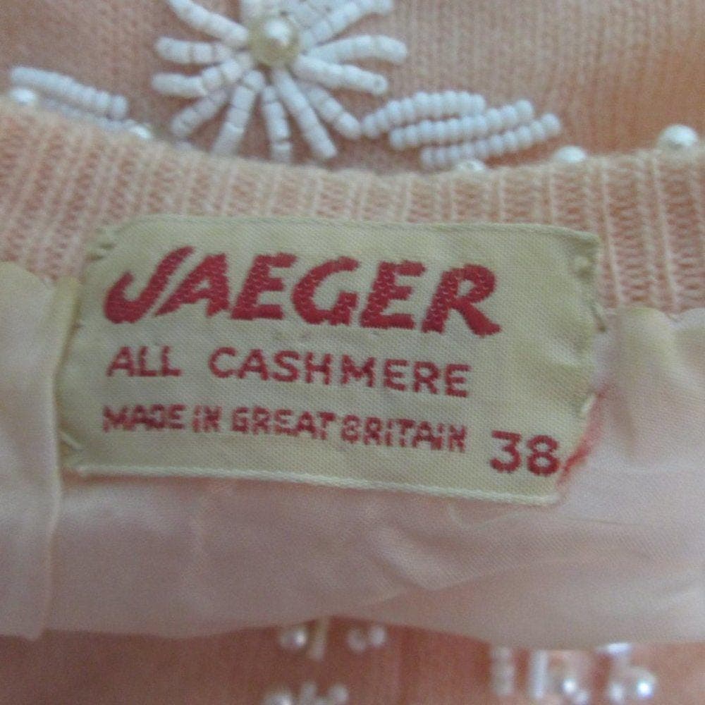 Vintage Jaeger Peach Cashmere White Beaded Cardiga - Thumbnail 4