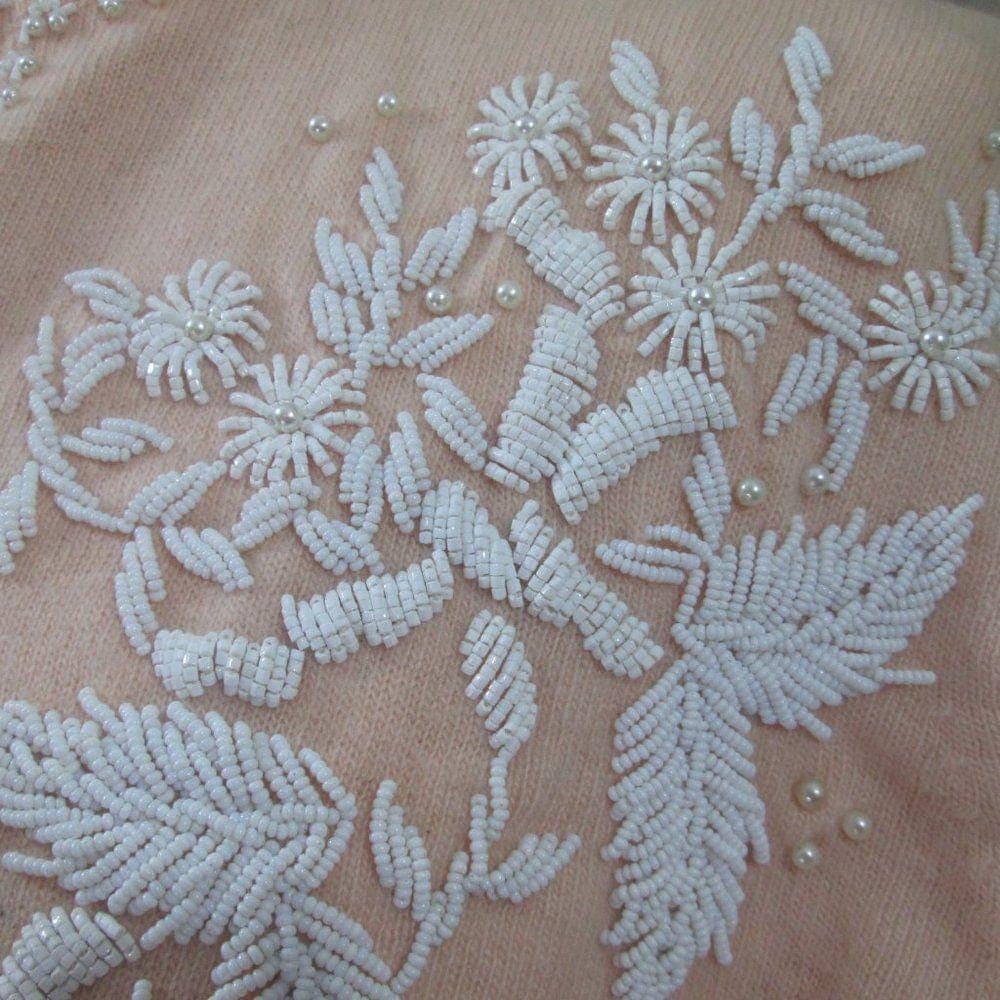 Vintage Jaeger Peach Cashmere White Beaded Cardiga - Thumbnail 2