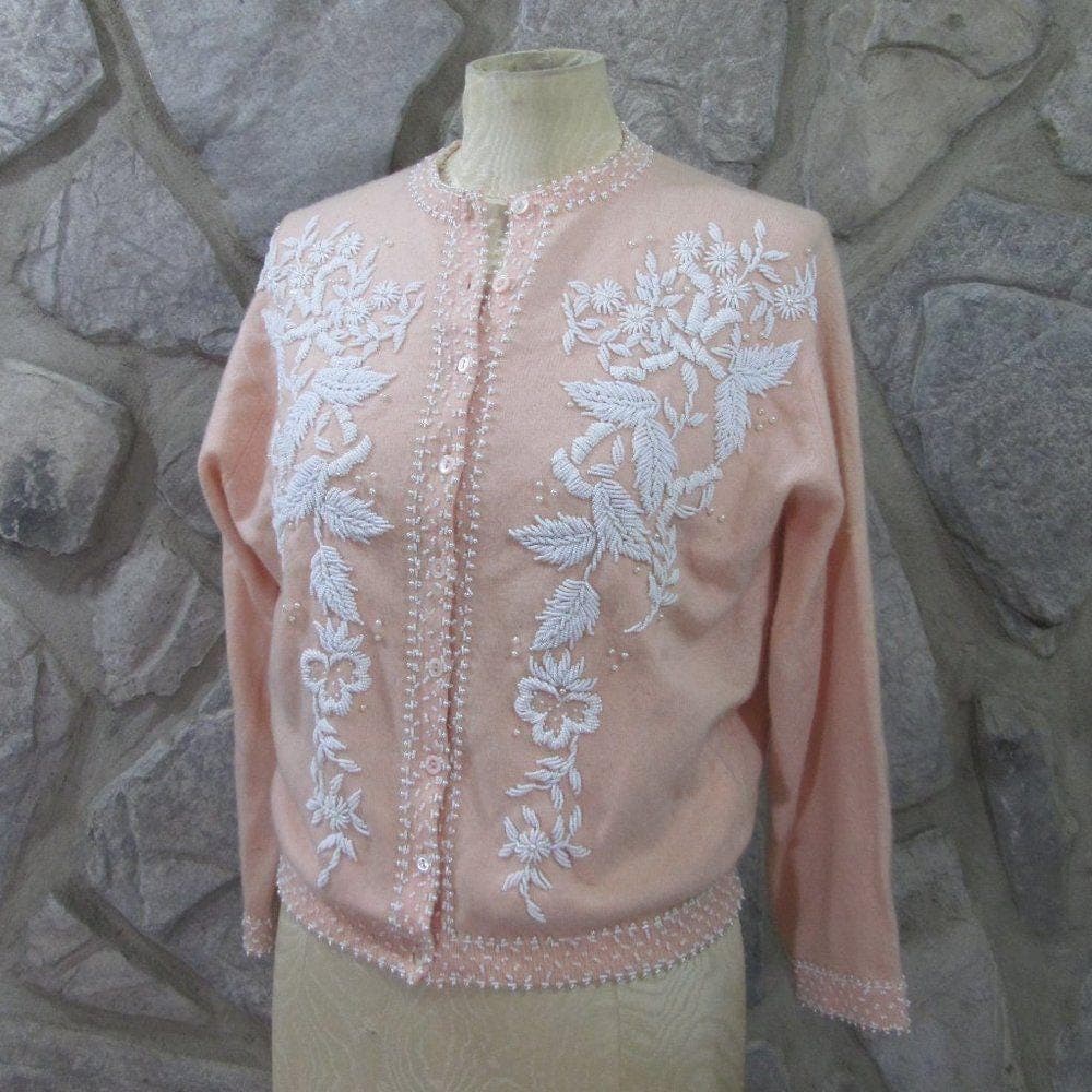 Vintage Jaeger Peach Cashmere White Beaded Cardiga