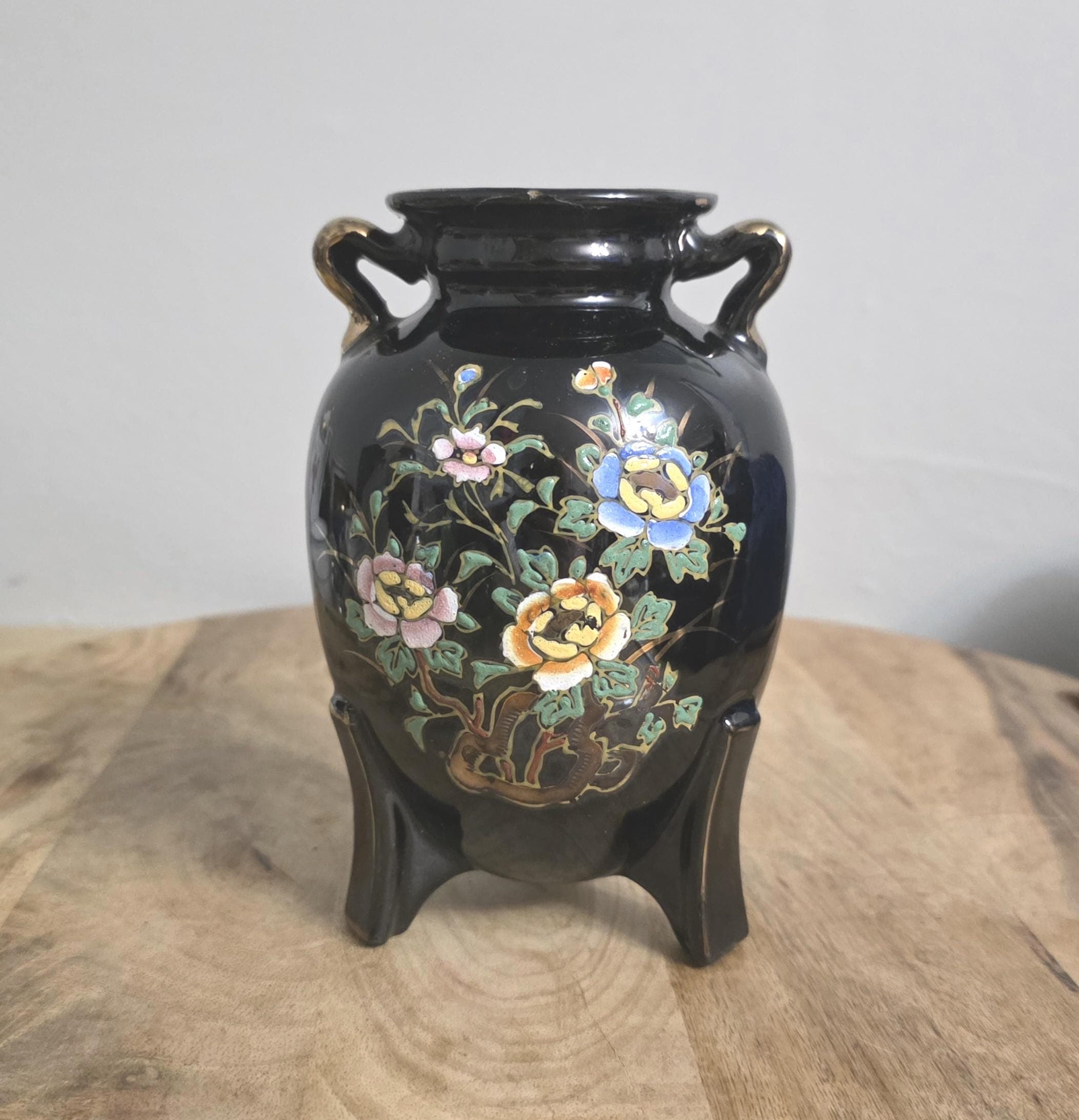 Vintage 1930s Black Ceramic Japanese Vase