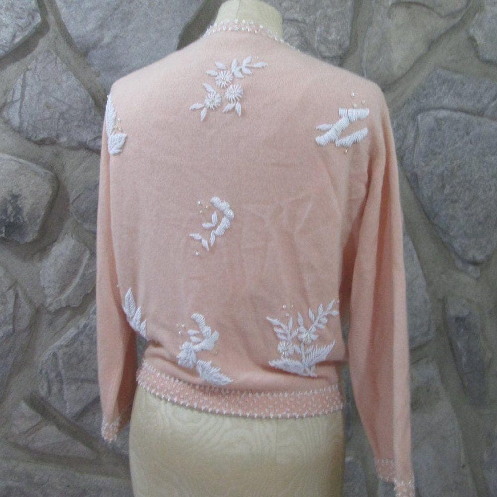 Vintage Jaeger Peach Cashmere White Beaded Cardiga - Thumbnail 3