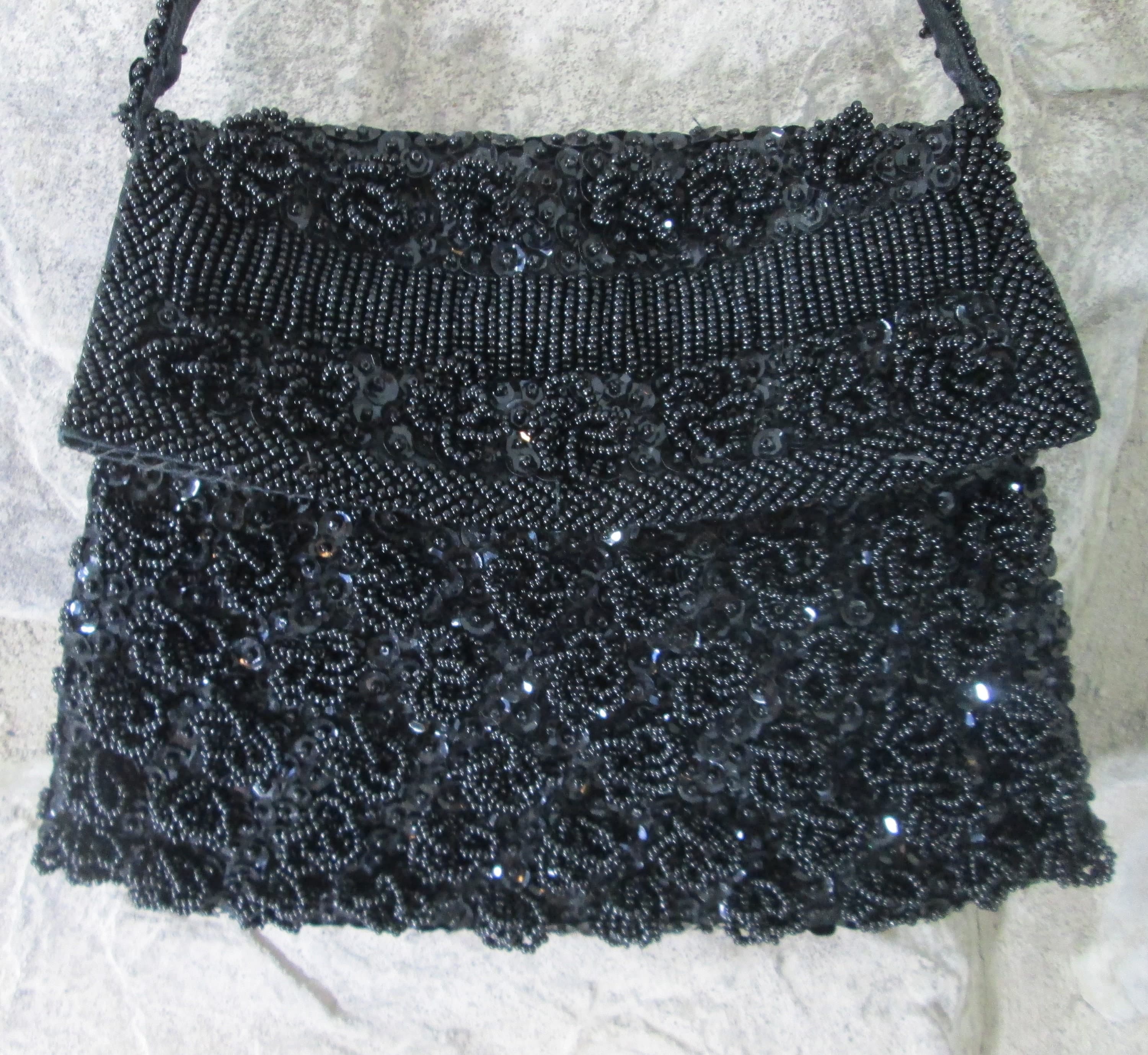 Vintage 1950s Hong Kong Black Beaded Evening Bag - Thumbnail 2