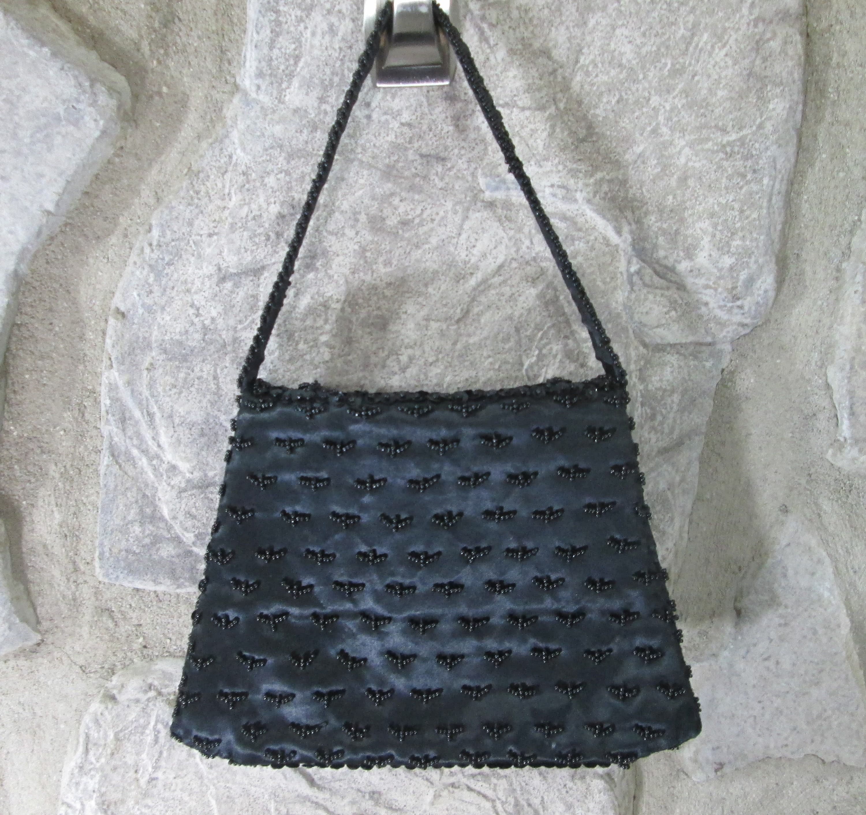 Vintage 1950s Hong Kong Black Beaded Evening Bag - Thumbnail 3