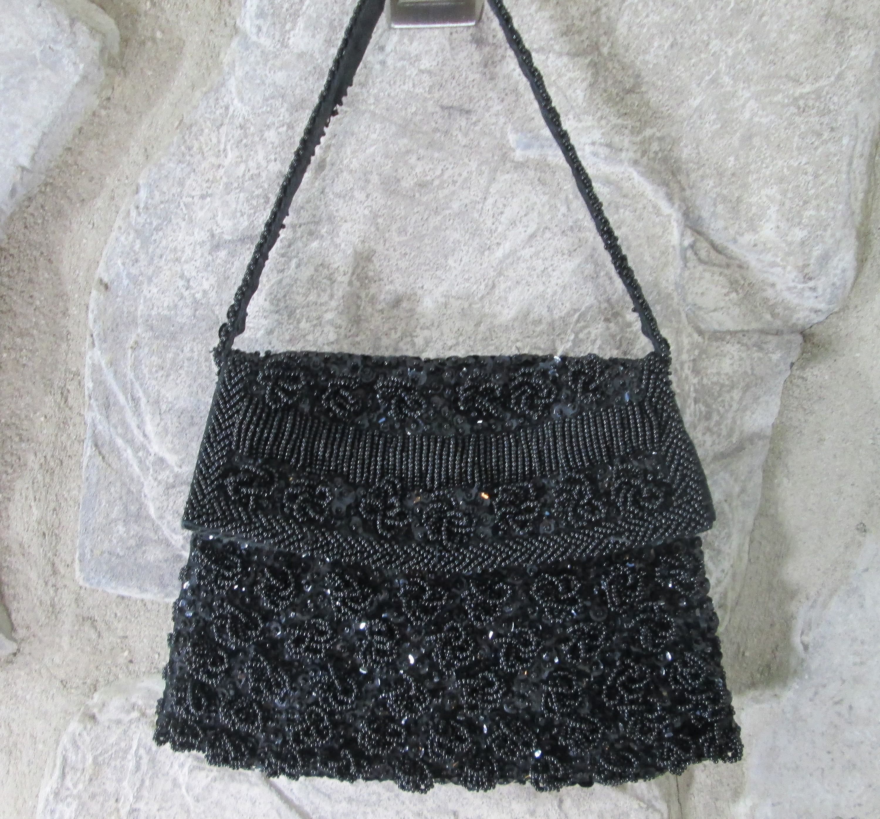 Vintage 1950s Hong Kong Black Beaded Evening Bag