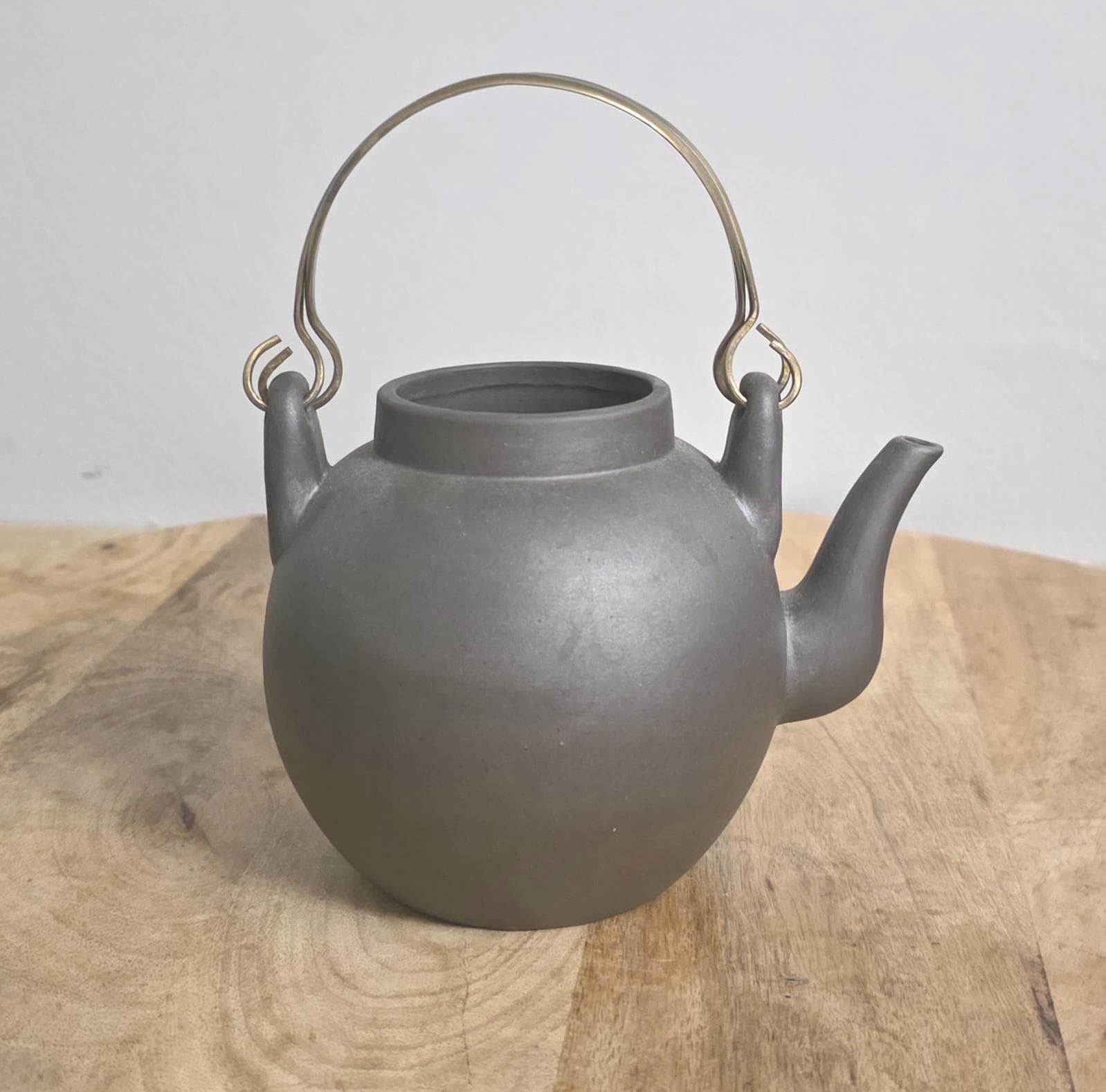Vintage Chinese Yixing Clay Teapot with Brass Handles - Thumbnail 3
