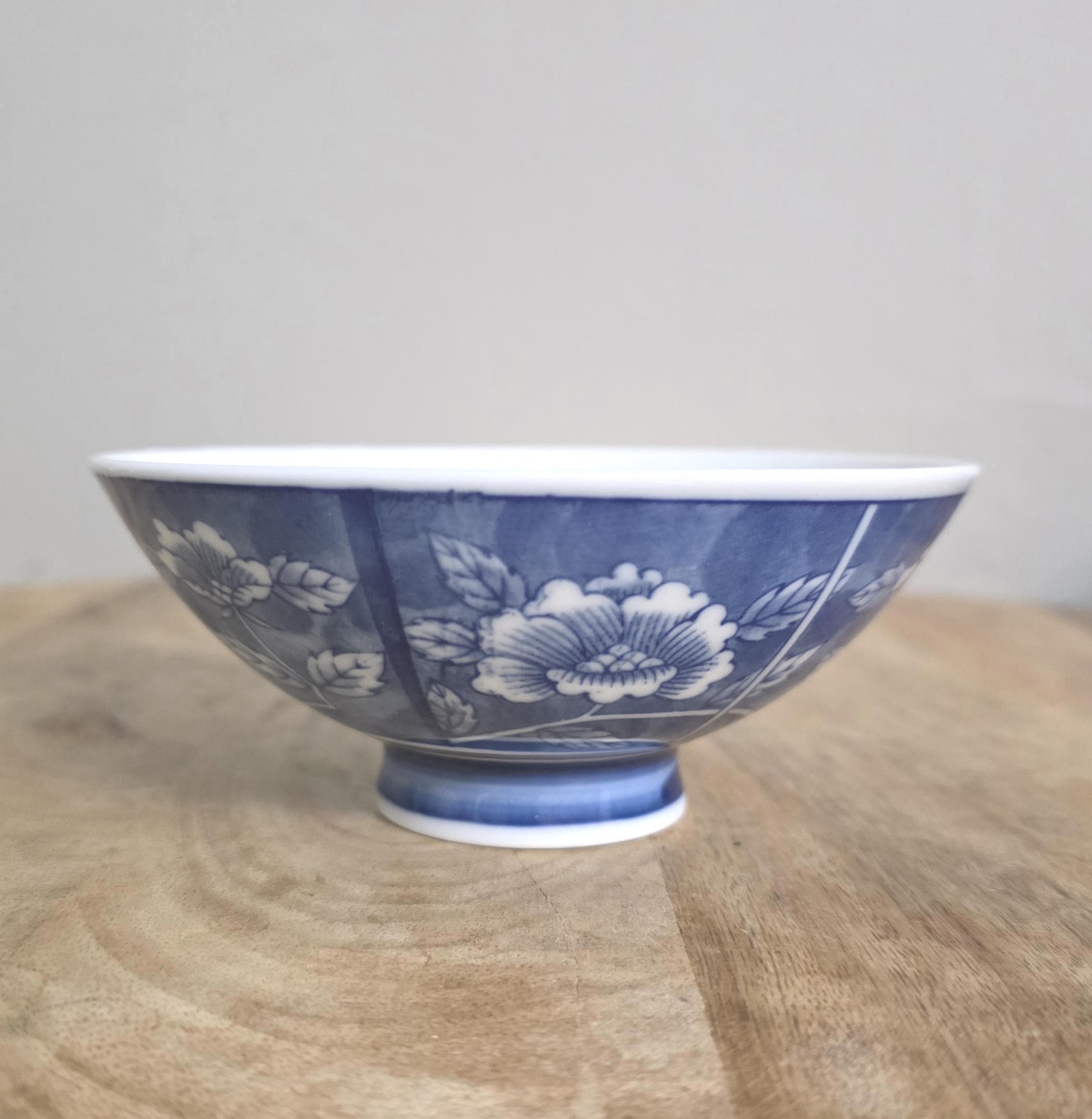 Vintage Japanese Blue Floral Rice Bowl