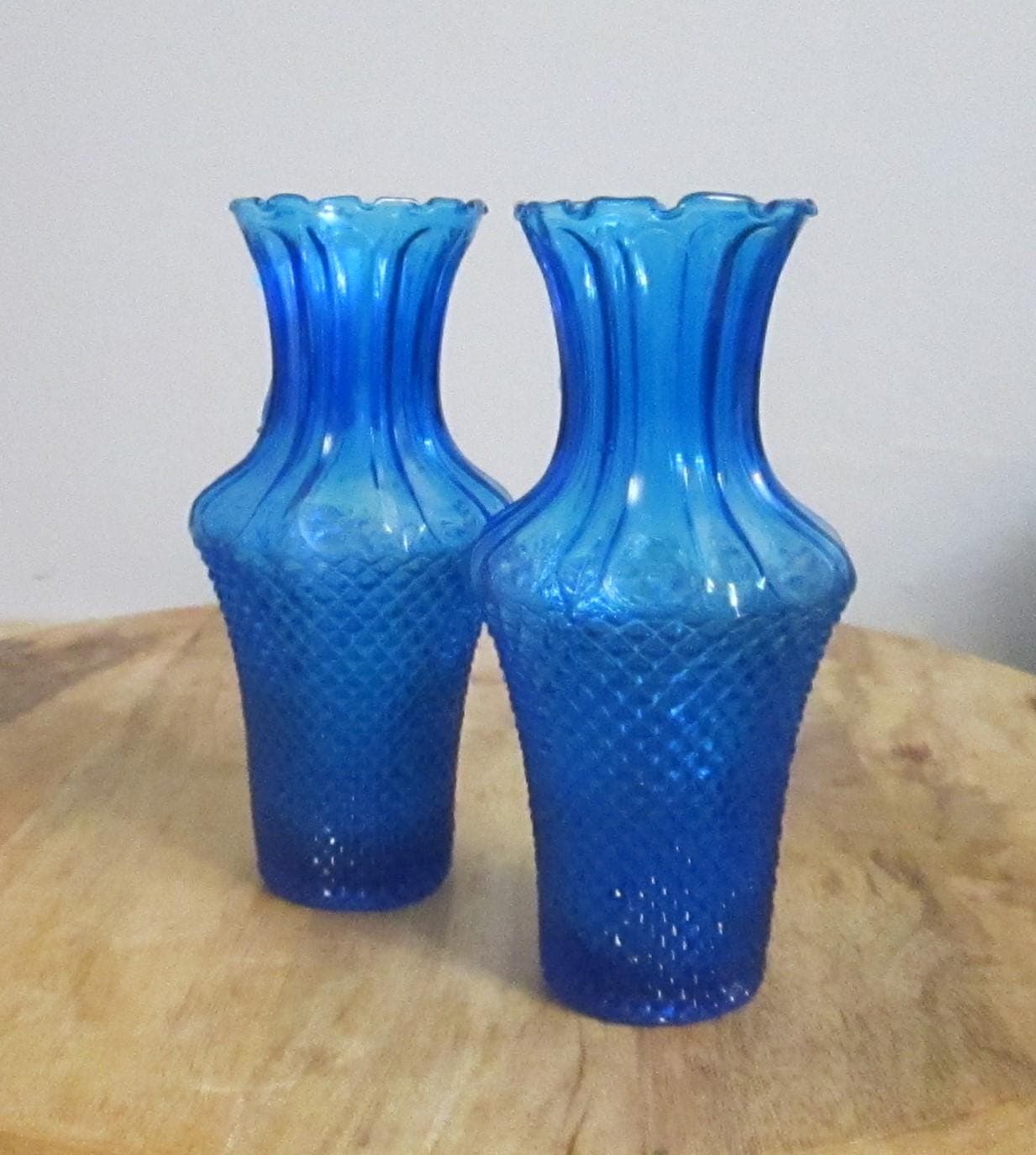 Pair of Vintage Blue Diamond Cut Italian Glass Empoli Vases