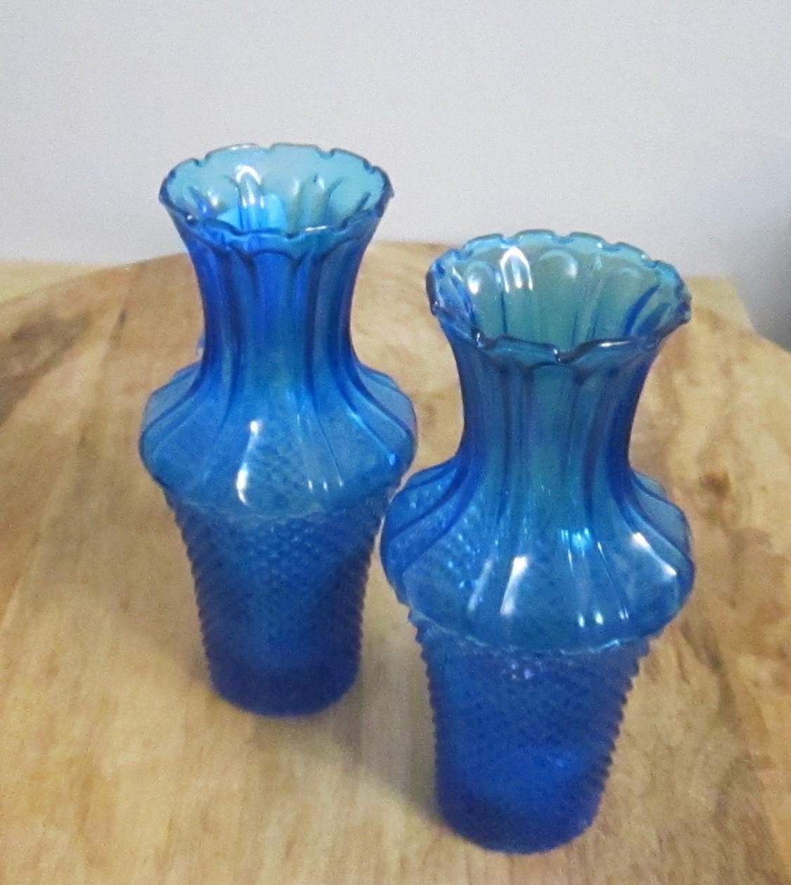 Pair of Vintage Blue Diamond Cut Italian Glass Empoli Vases - Thumbnail 2