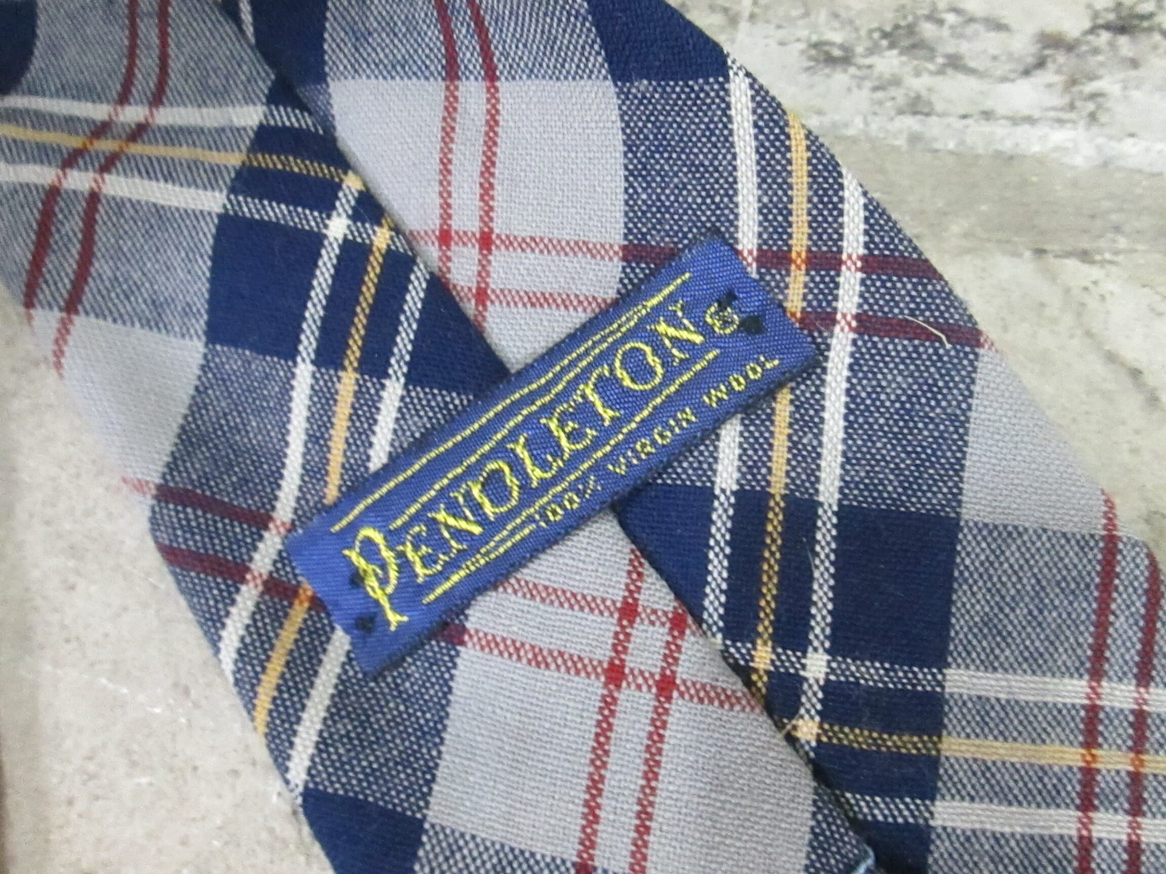 Vintage Blue & Gray Plaid Wool Tie - Thumbnail 2