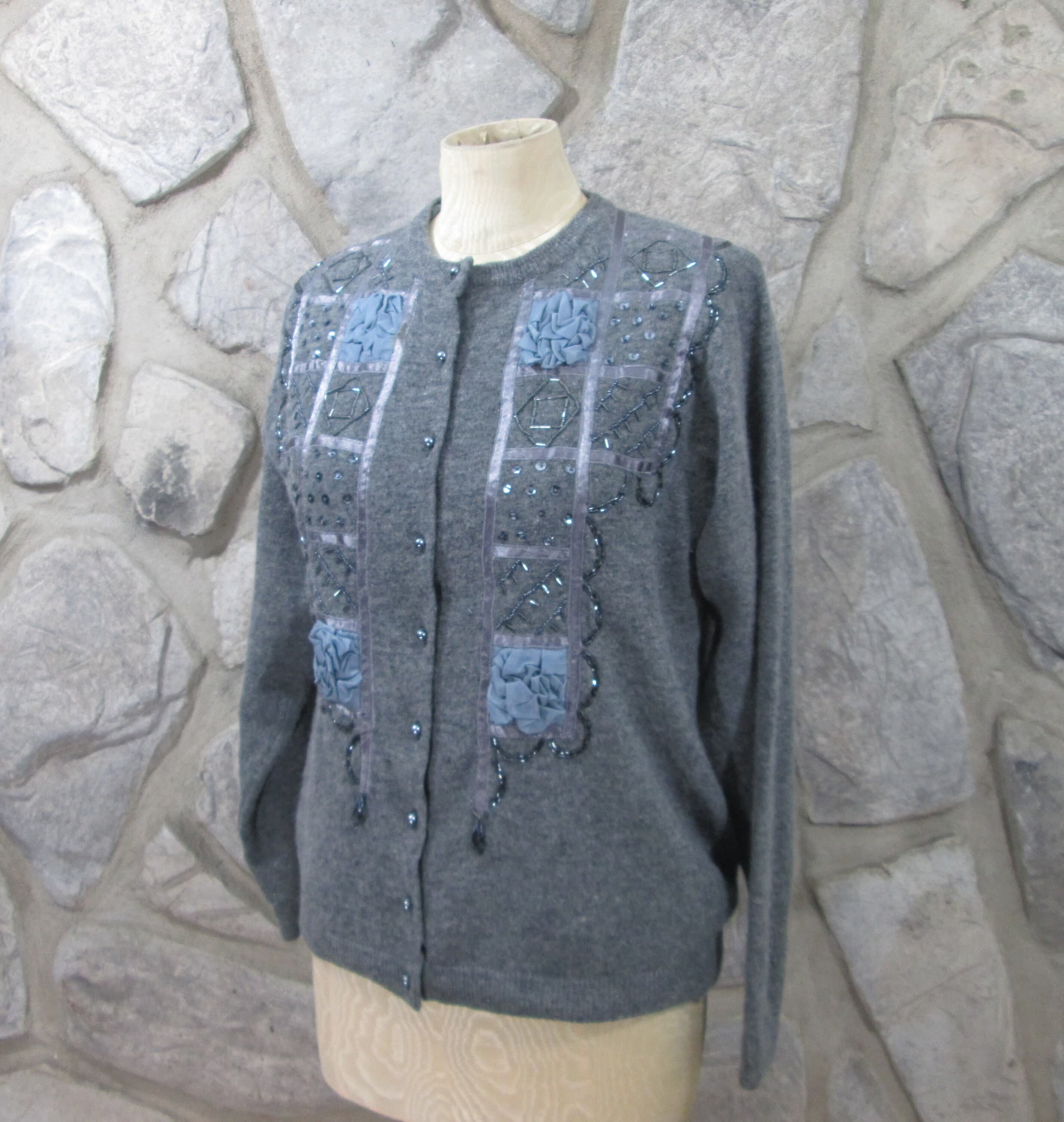 Vintage ViVien Forest Gray Beaded Sweater
