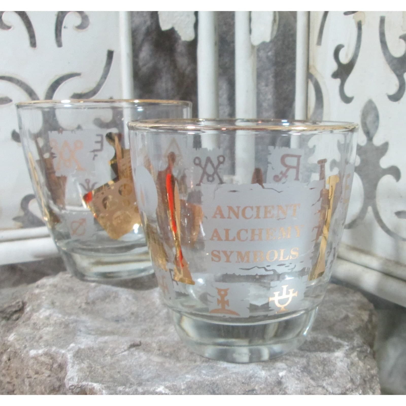 Vintage Mid Century Rx Alchemy Symbols Highball Glasses