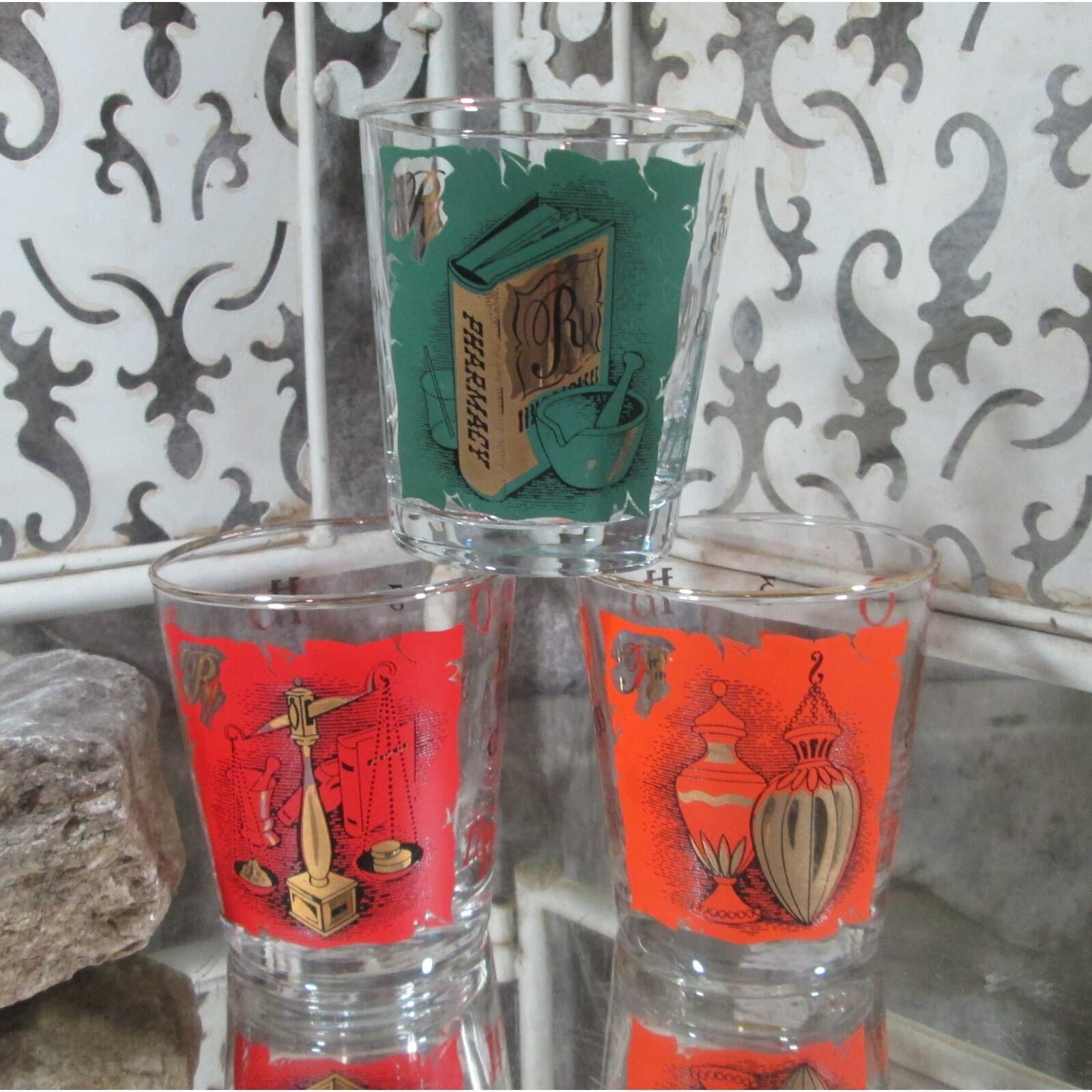 Vintage Libbey Mid Century Rx Alchemy Symbol Highball Drinking Glasses