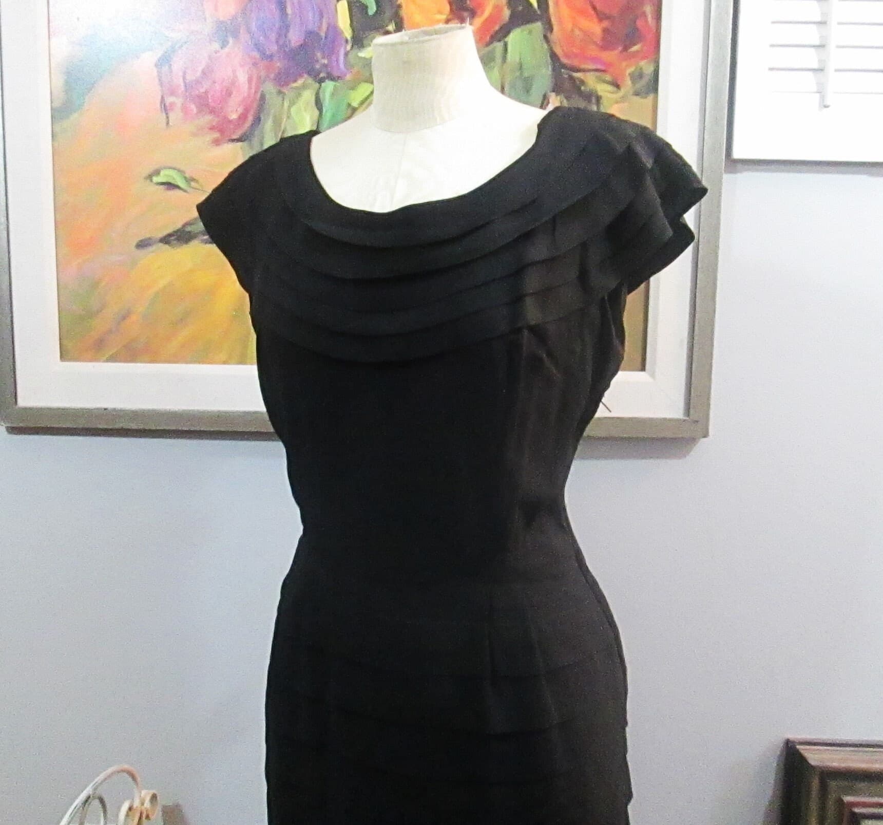 Vintage 1940's Black Rayon Tiered Cocktail Dress - Thumbnail 2