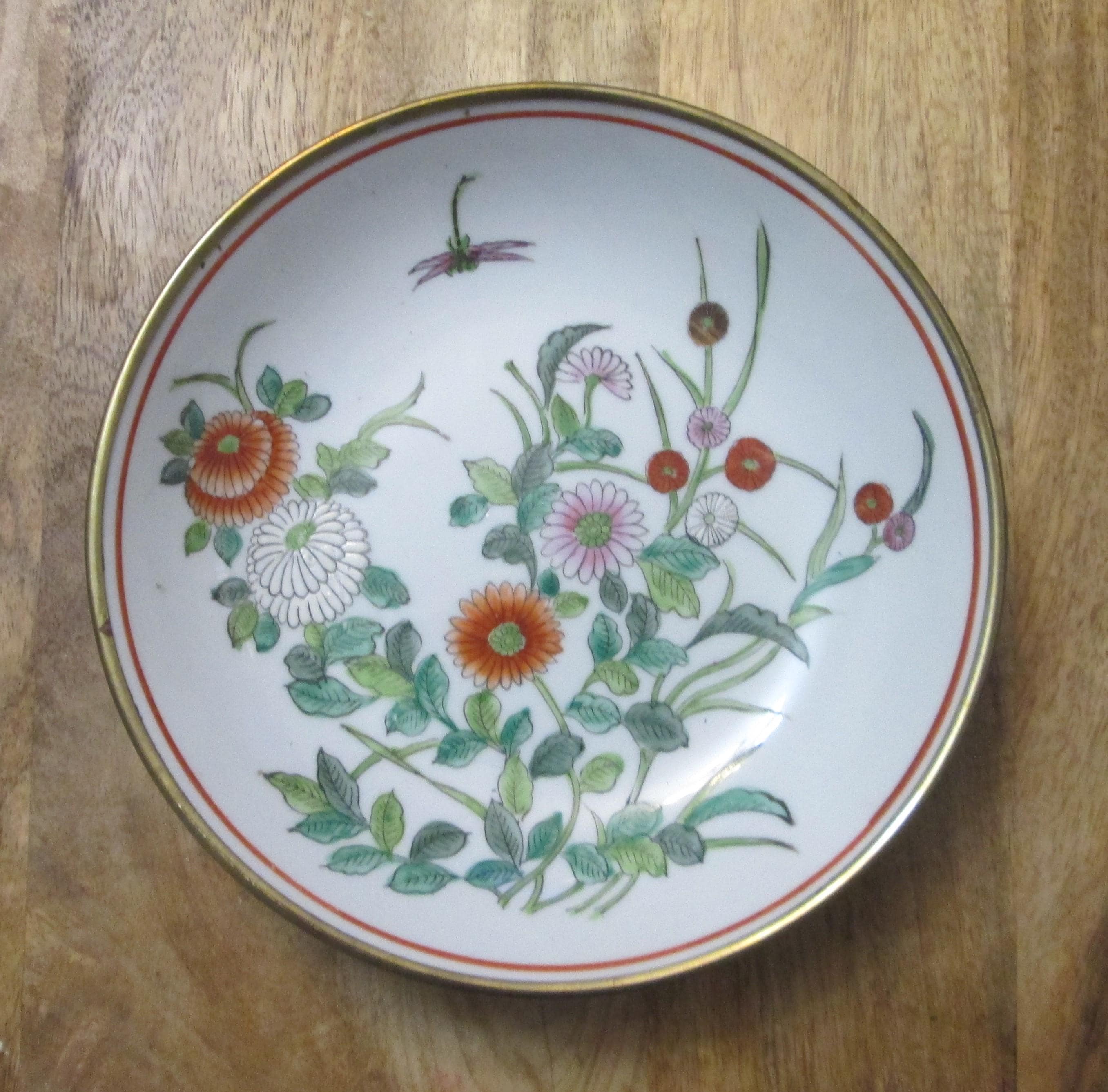 Vintage Japanese Porcelain Enamel Bowl with Brass