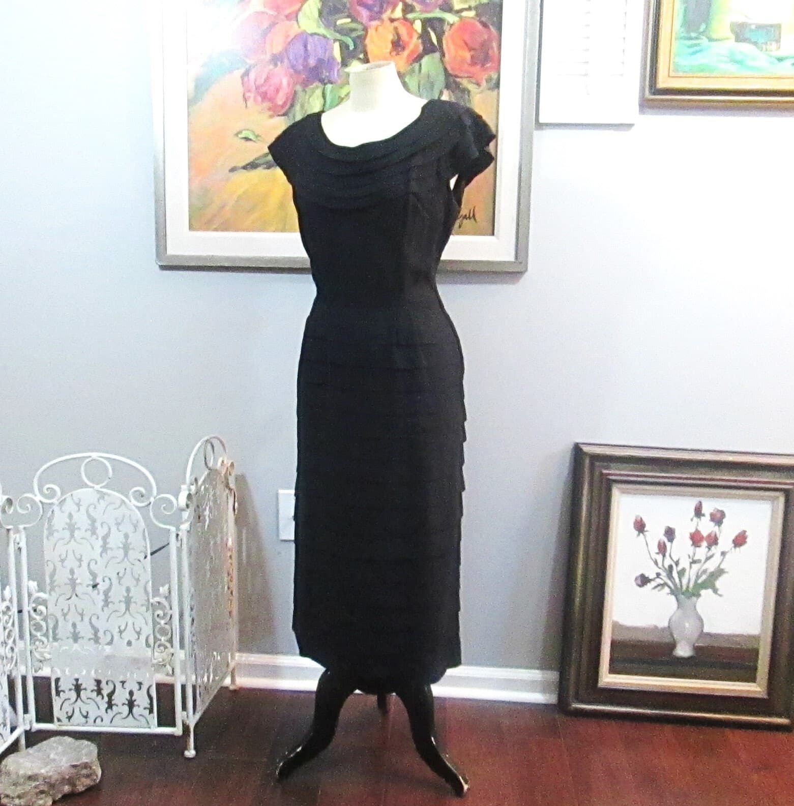 Vintage 1940's Black Rayon Tiered Cocktail Dress