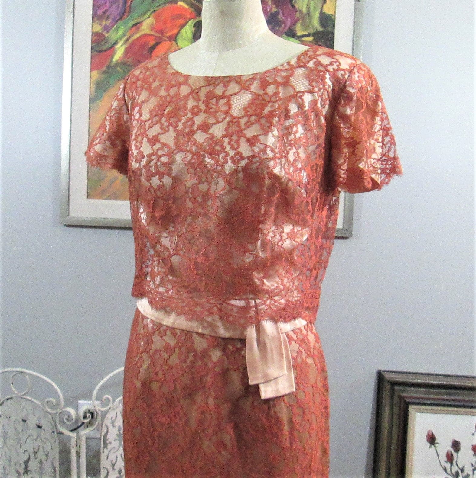 Vintage DuBarry Copper Lace Cocktail Dress - Thumbnail 2